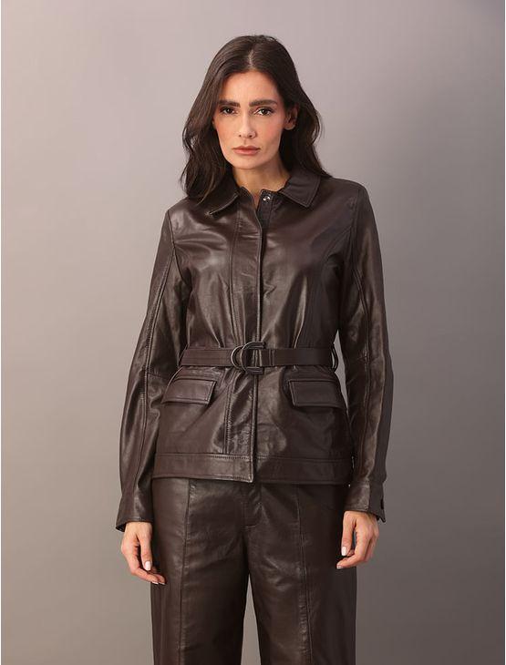 Jaqueta Calvin Klein Feminina de Couro Com Cinto - Marrom Jaqueta Calvin Klein Feminina de Couro Com Cinto Marrom 40