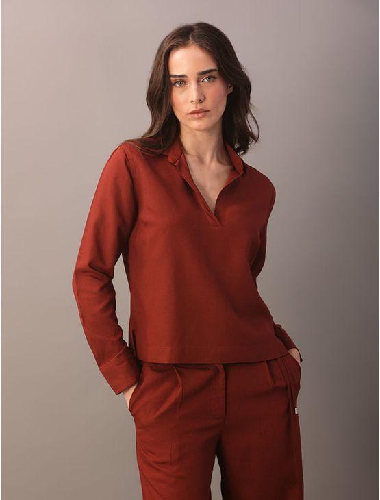 Top Calvin Klein Feminino Manga Longa Com Gola de Camisa - Ferrugem Top Calvin Klein Feminino Manga Longa Com Gola de Camisa Ferrugem 36