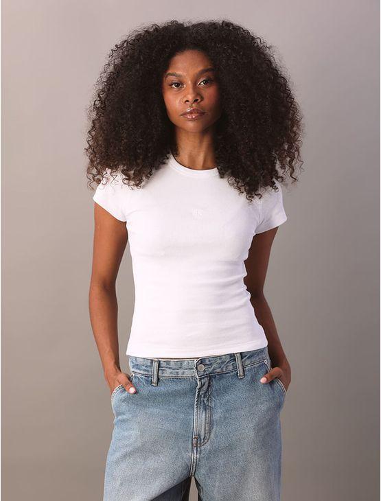 Blusa Calvin Klein Jeans Feminino Manga Curta Ribana - Branco Blusa Calvin Klein Jeans Feminino Manga Curta Ribana Branco Pp