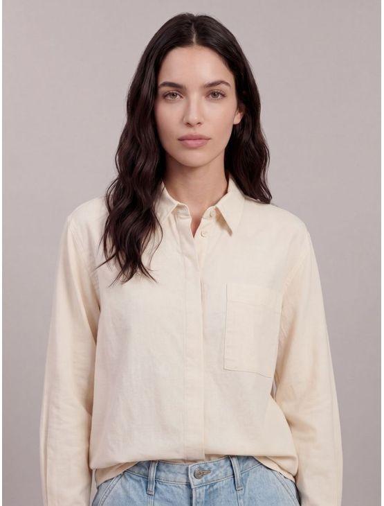Camisa de Algodão Com Linho Com Vista Co - Areia Camisa de Algodão Com Linho Com Vista Co Areia 38