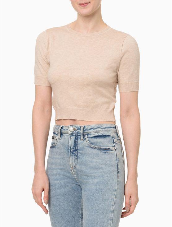 Camiseta Feminina Cropped Tricot Calvin Klein Jeans - Areia Camiseta Feminina Cropped Tricot Calvin Klein Jeans Areia Pp