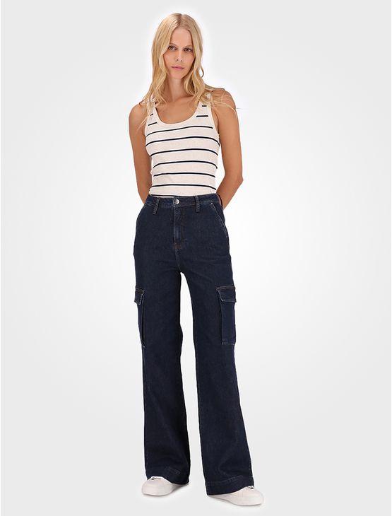 Calça Jeans Feminina Wide Leg Cargo - Marinho Calça Jeans Feminina Wide Leg Cargo Marinho 42