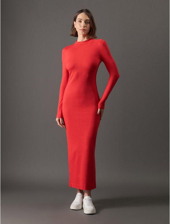 Vestido Feminino Trançador Manga Longa Calvin Klein Jeans - Vermelho Vestido Feminino Trançador Manga Longa Calvin Klein Jeans Vermelho Pp