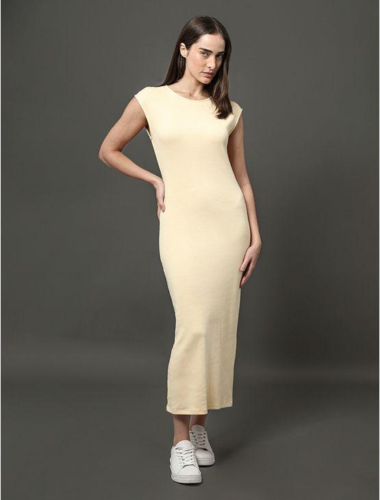 Vestido Feminino Midi Ribana Tricot Calvin Klein Jeans - Amarelo Manteiga Vestido Feminino Midi Ribana Tricot Calvin Klein Jeans Amarelo Manteiga Pp