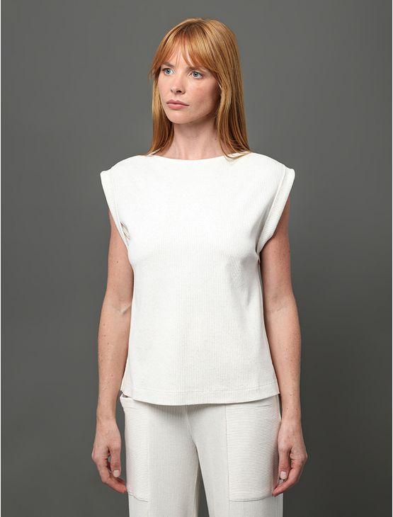 Blusa Feminina Ribana Com Linho Calvin Klein - Off White Blusa Feminina Ribana Com Linho Calvin Klein Off White Pp