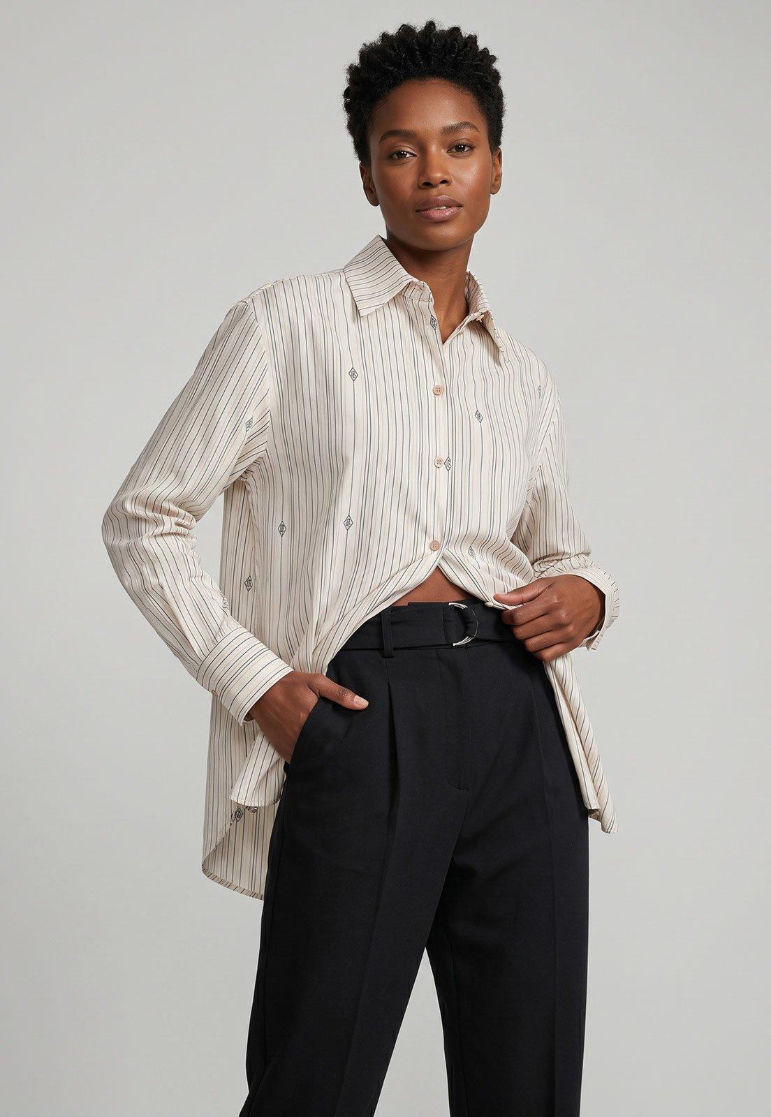 Camisa Feminina Lança Perfume Listrada Manga Longa Branca