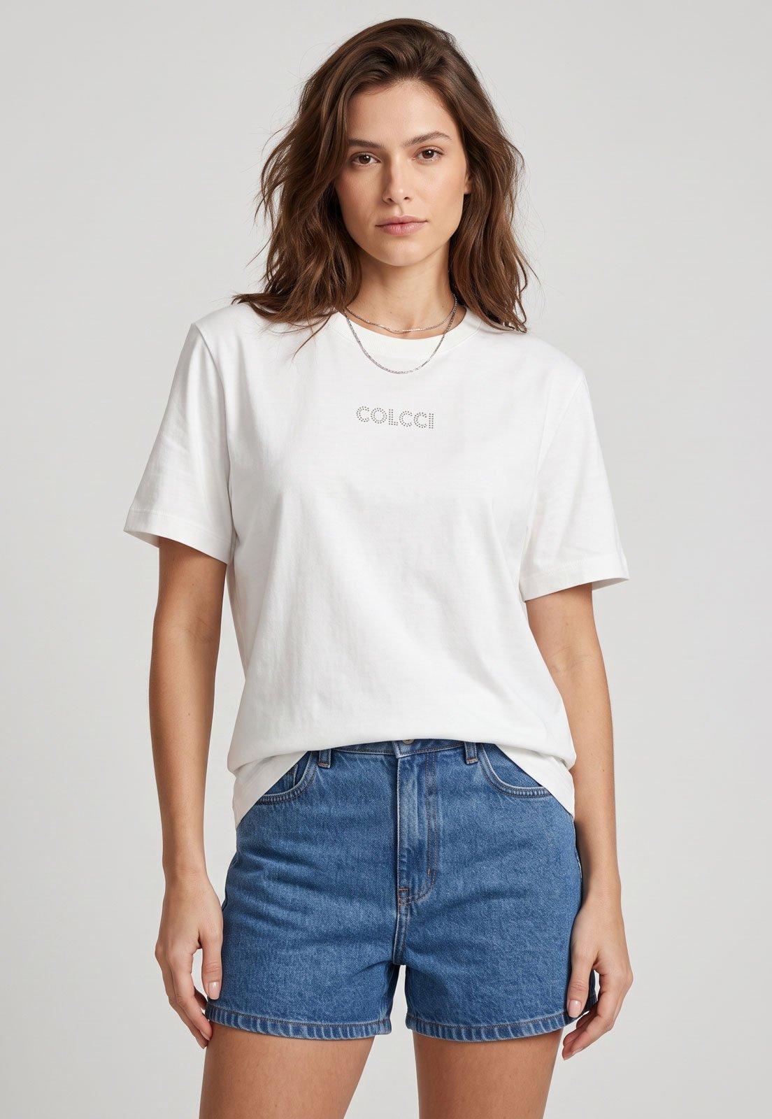 Camiseta Feminina Colcci Logo Pedraria Branca