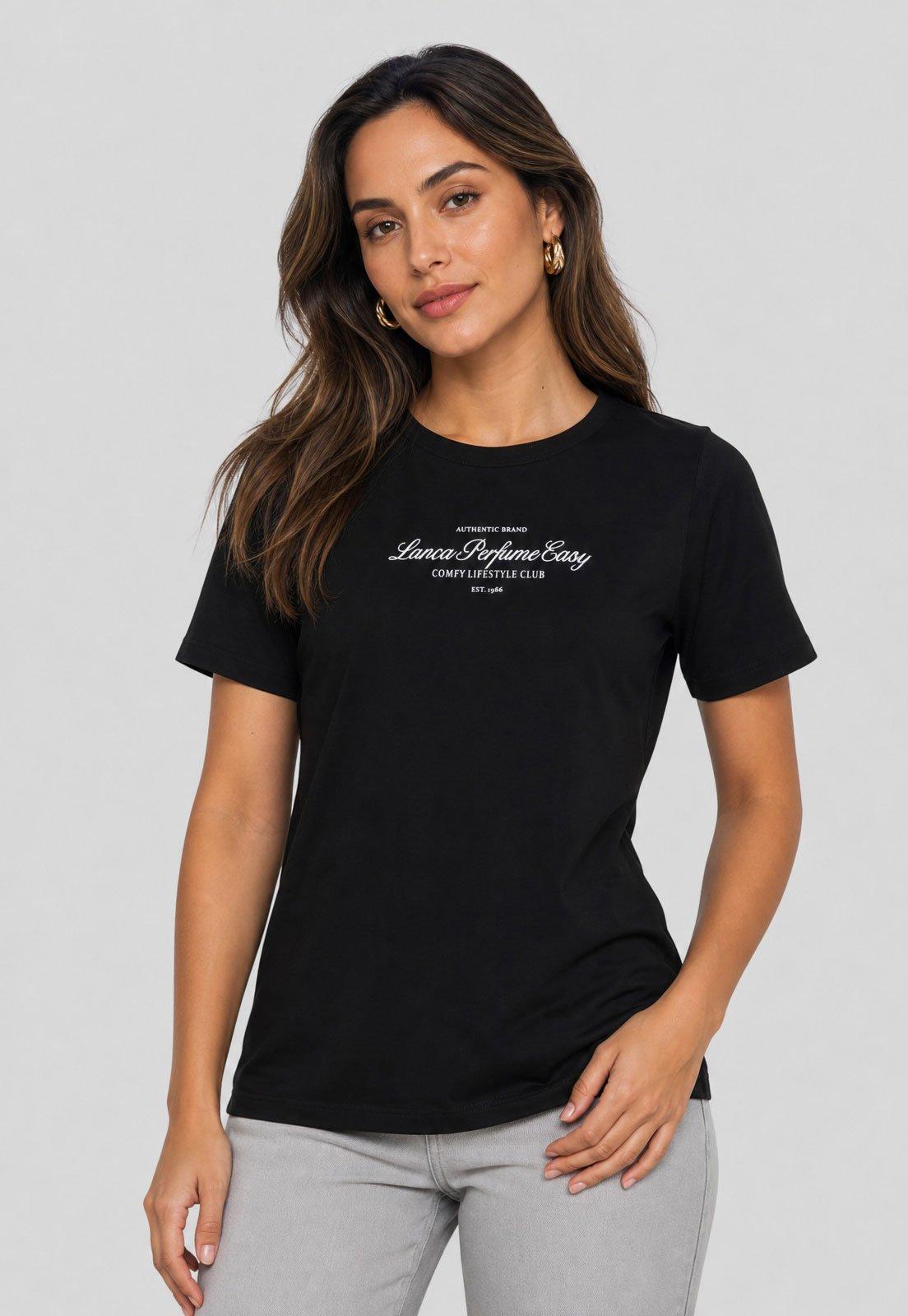 Camiseta Feminina Lança Perfume Estampa Lettering Preta