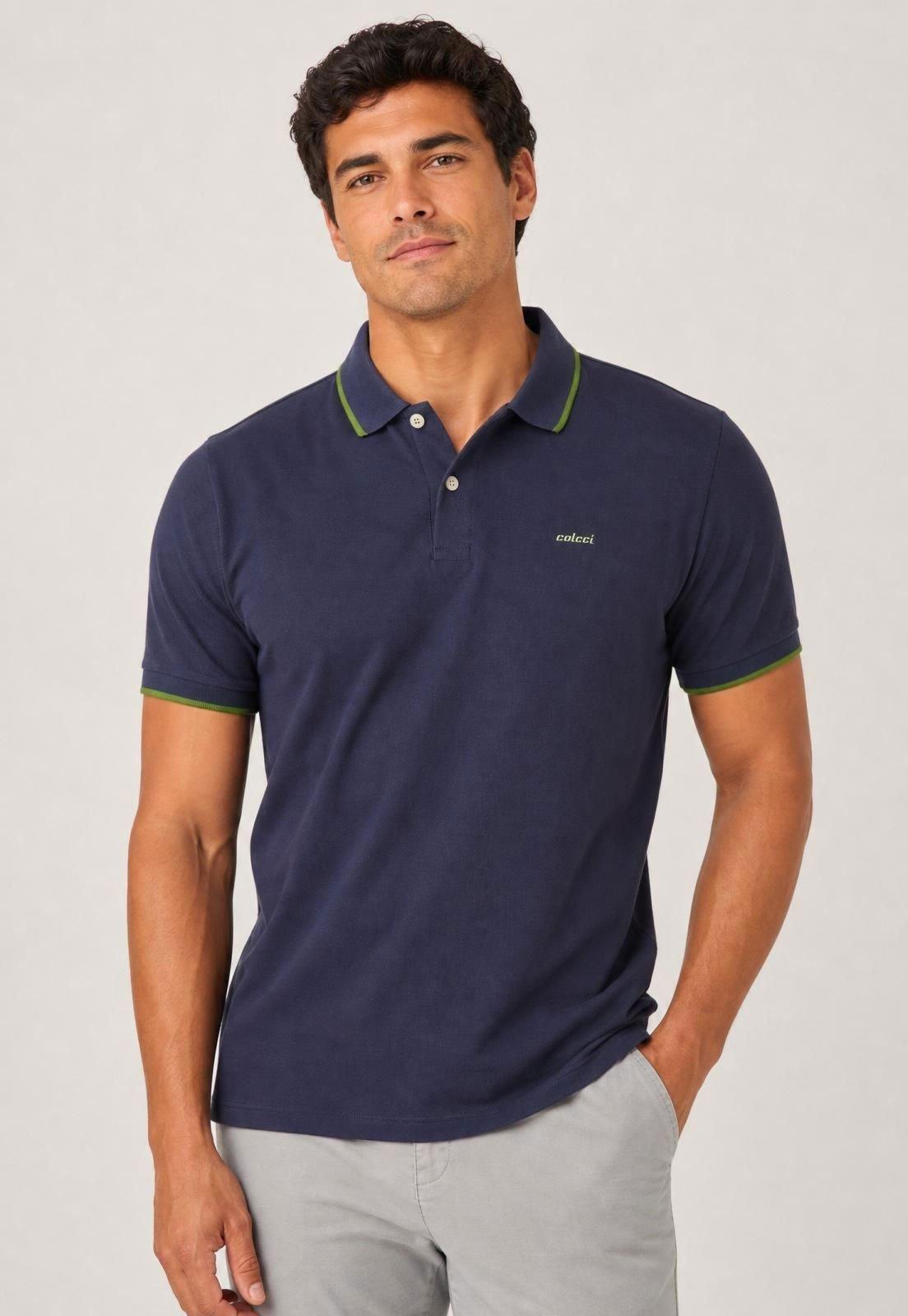 Camisa Polo Masculina Colcci Frisos Azul Marinho
