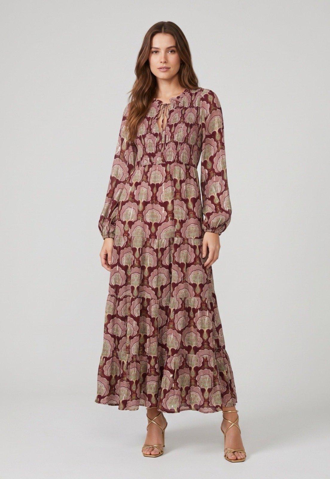 Vestido Feminino FARM Longo Estampado Manga Longa Vinho