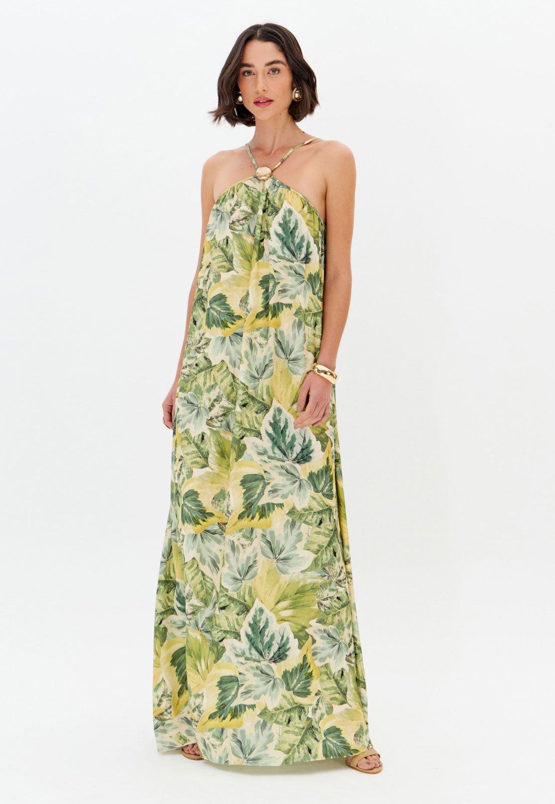 Vestido Feminino Lança Perfume Longo Estampa Tropical Verde