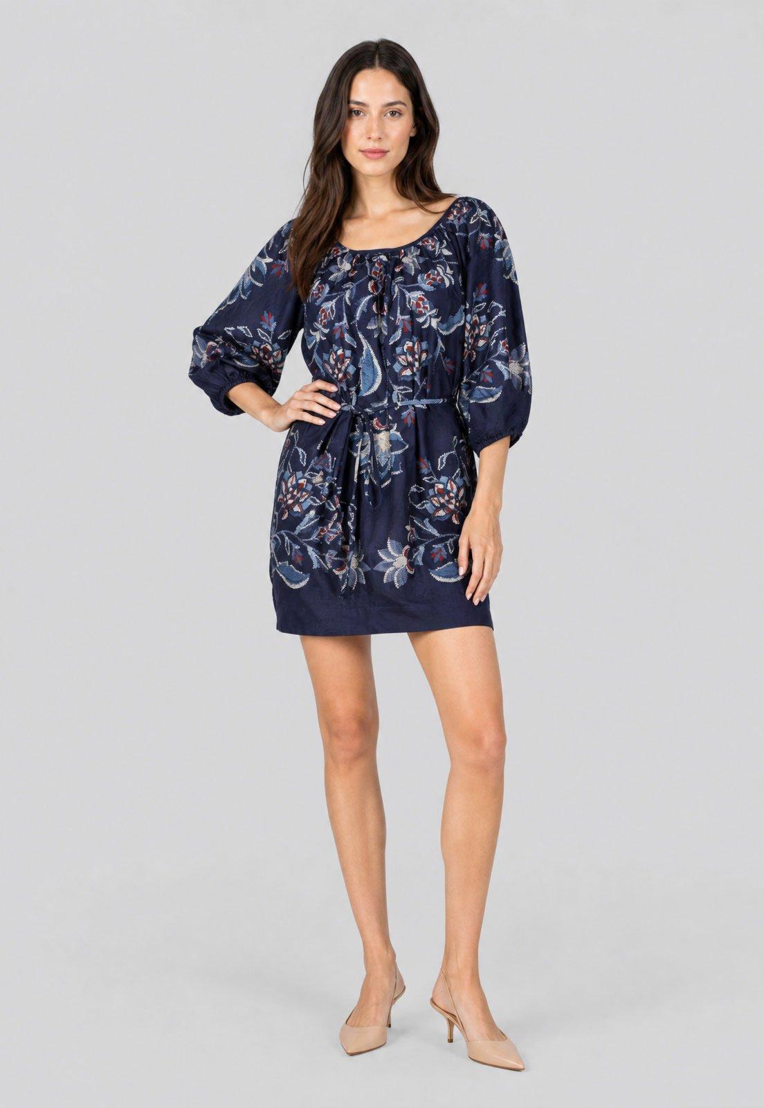Vestido Feminino FARM Floral Manga Longa Azul