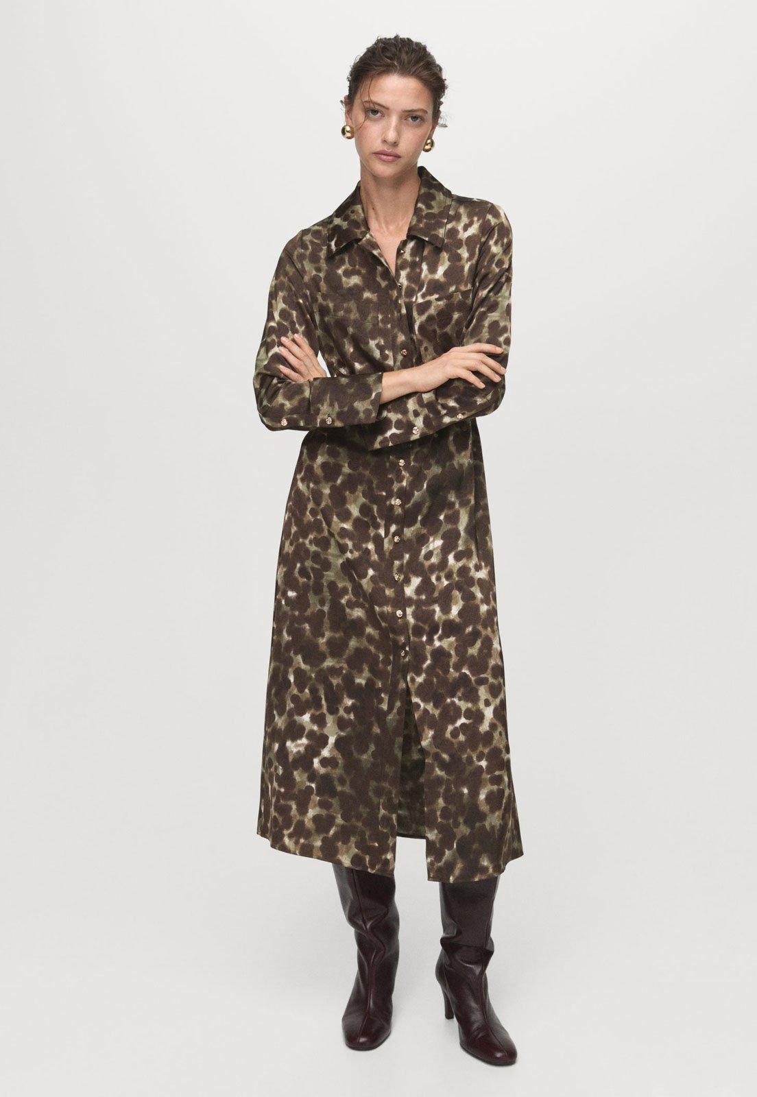 Vestido Feminino Mango Midi Estampado Marrom