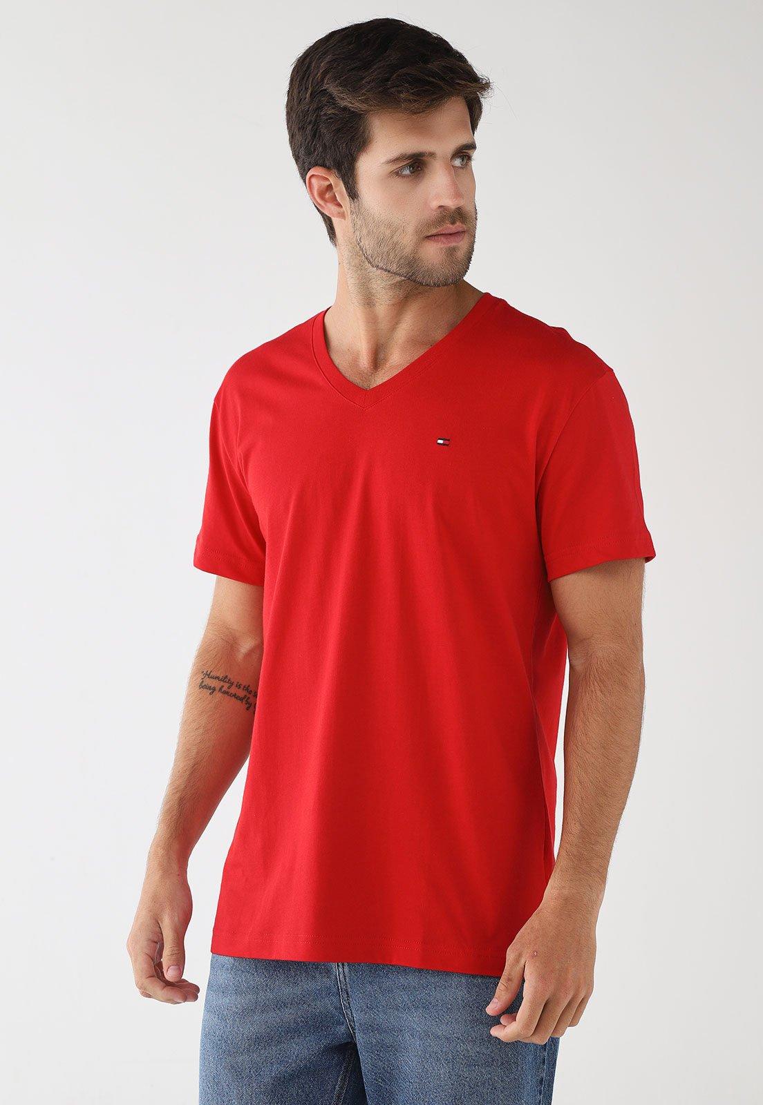 Camiseta Masculina Tommy Hilfiger Decote V Vermelha
