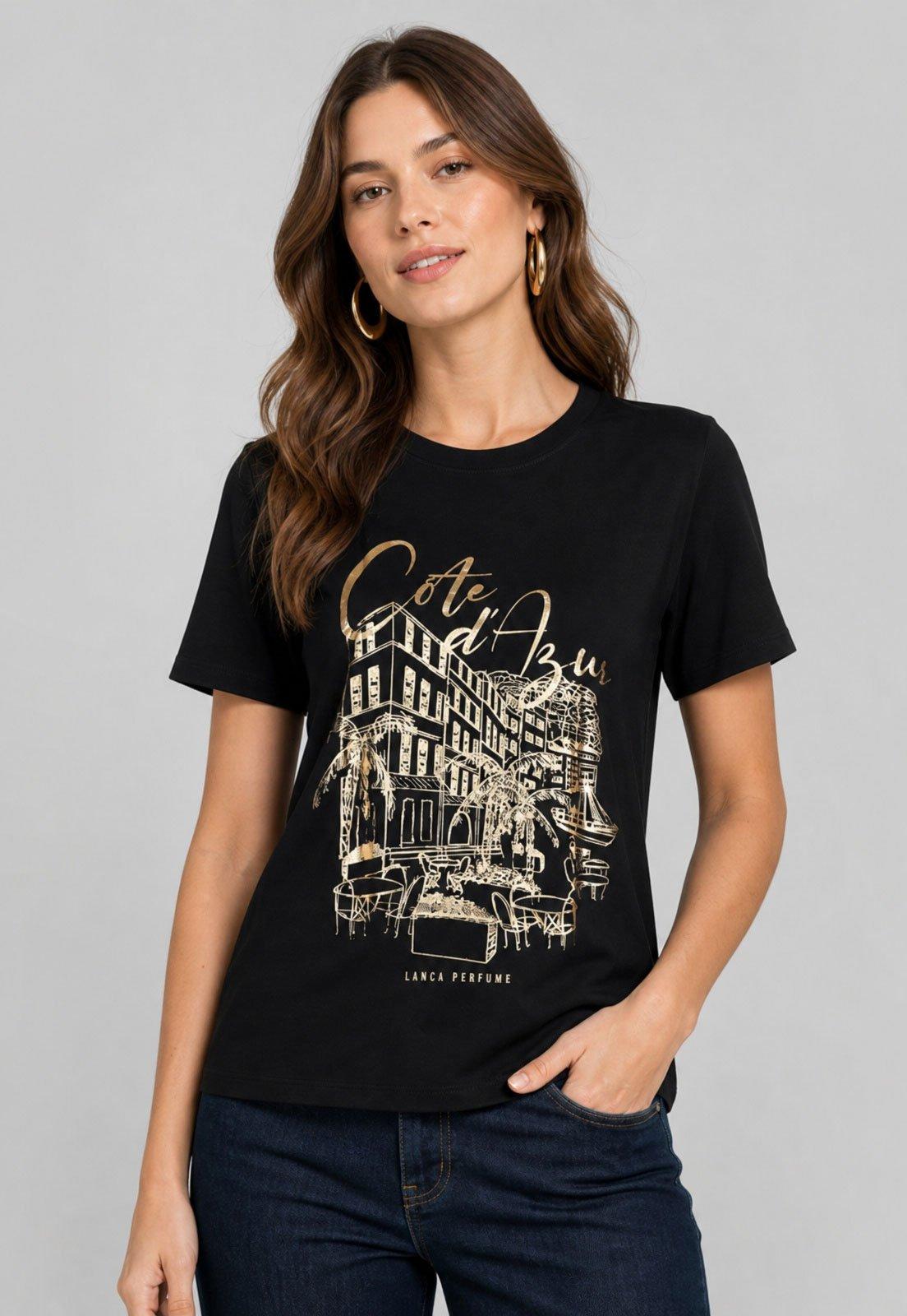 Camiseta Feminina Lança Perfume Estampa Metalizada Preta