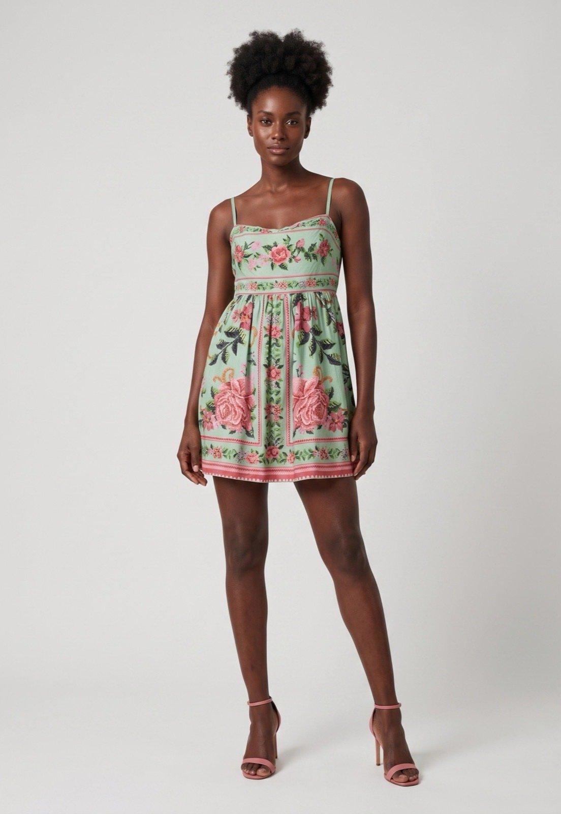 Vestido Feminino FARM Alças Finas Estampa Verde