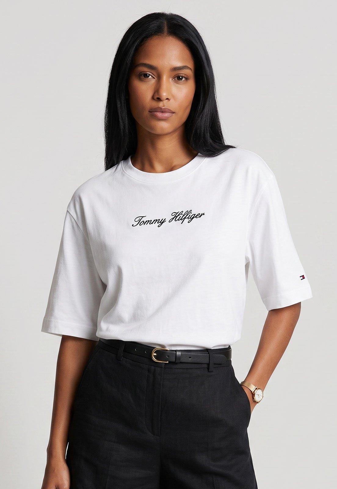 Camiseta Feminina Tommy Hilfiger Script Trapeze Branca