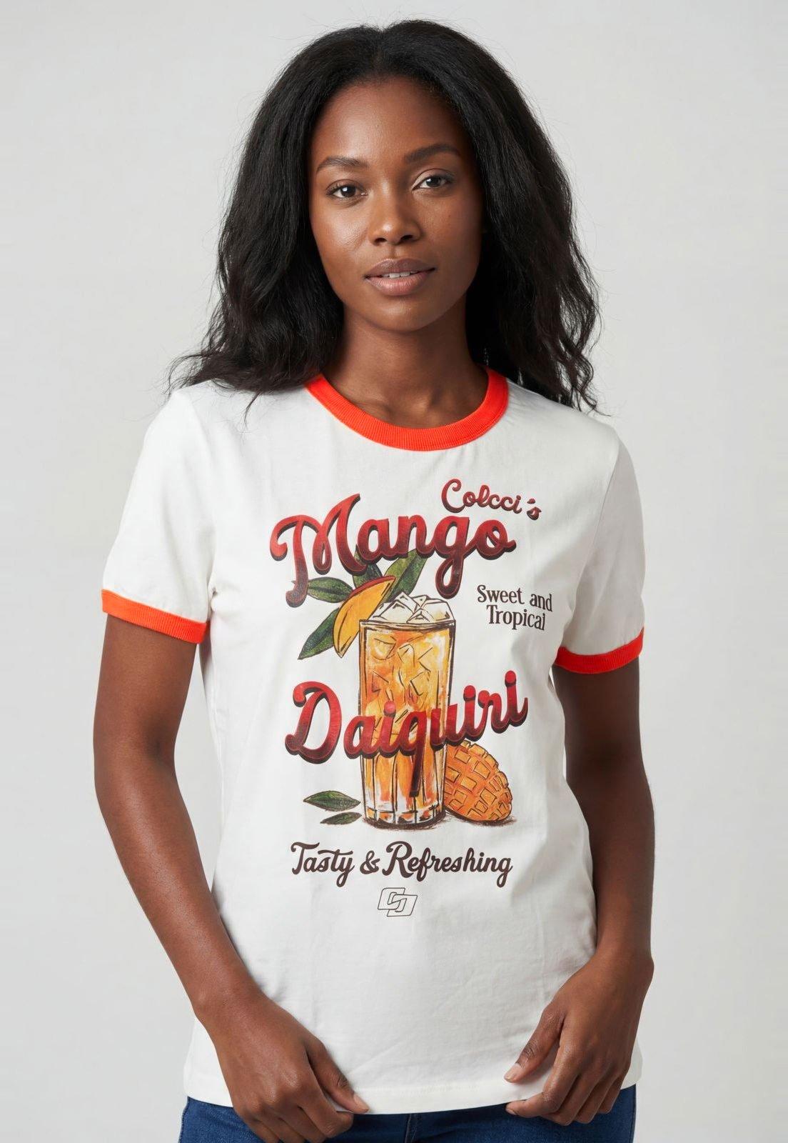 Camiseta Feminina Colcci Estampa Drink Gola Laranja Branca
