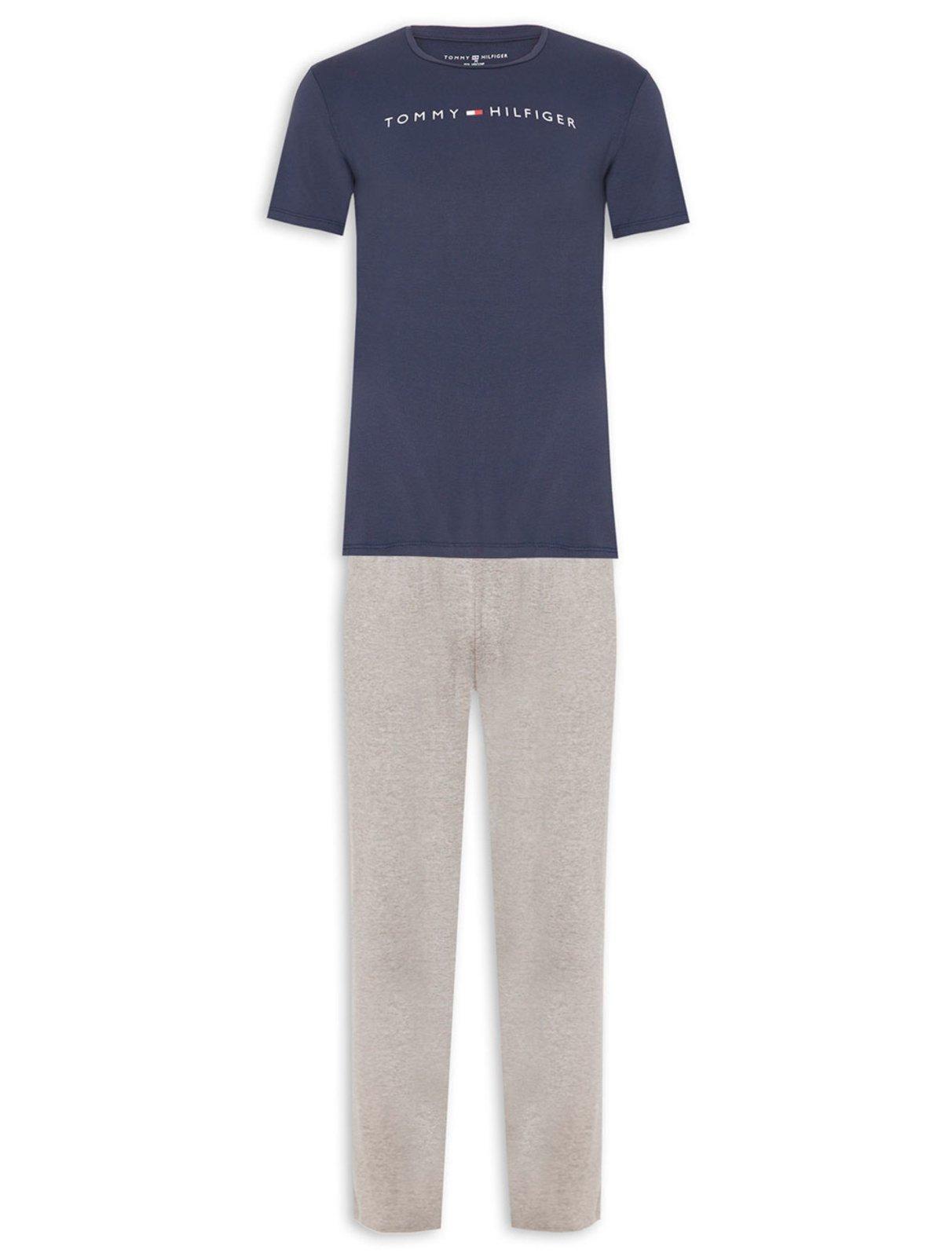 Pijama Tommy Hilfiger Masculino Manga Curta Calça Essentials Set Marinho/Cinza
