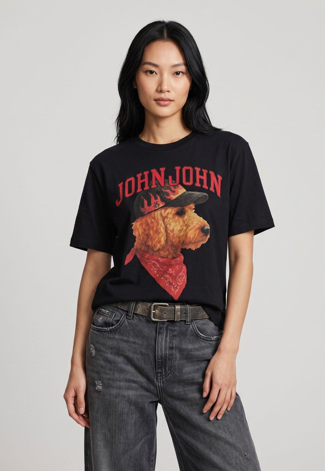Camiseta Feminina John John Estampa Cachorro Preta