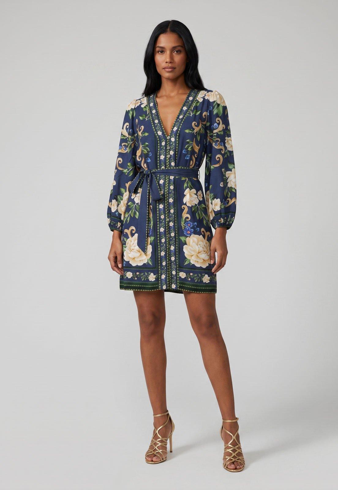 Vestido Feminino FARM Curto Decote V Azul