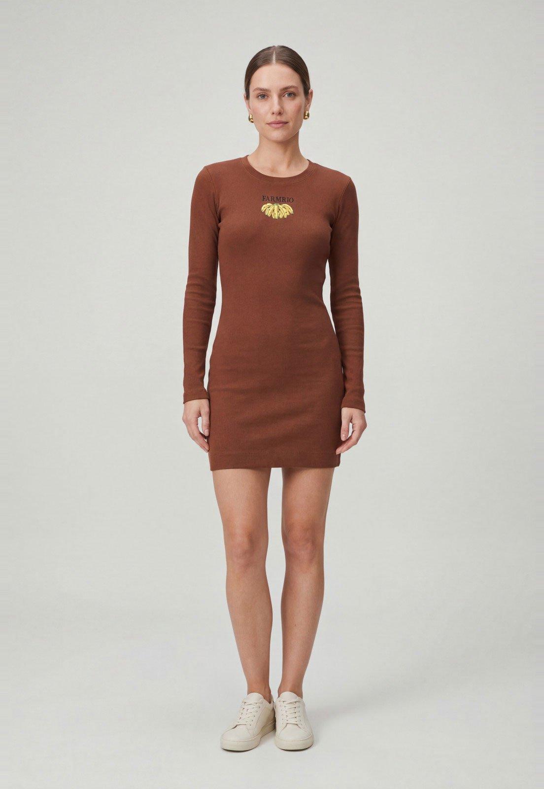 Vestido Feminino FARM Curto Manga Longa Marrom