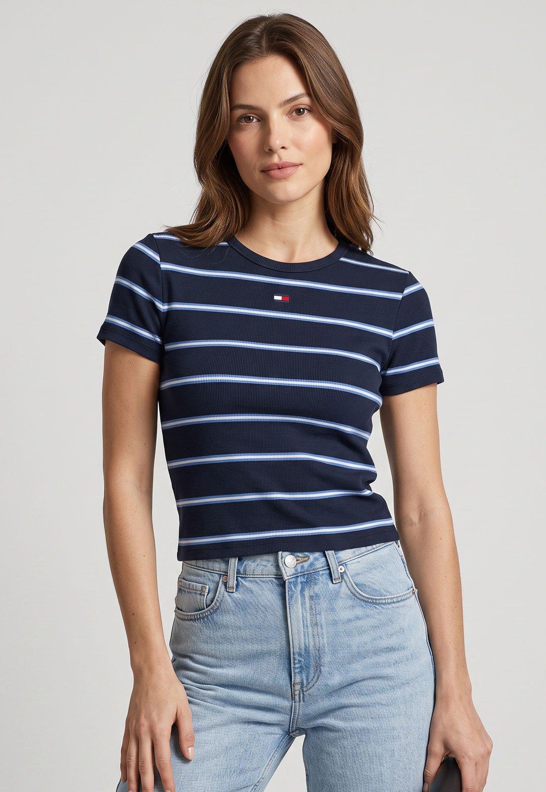 Camiseta Feminina Tommy Jeans Listrada Azul Marinho