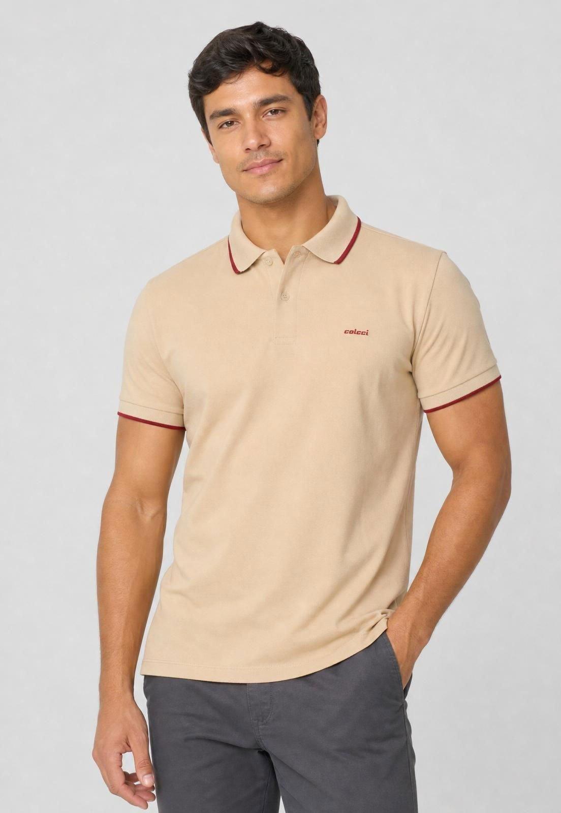 Camisa Polo Masculina Colcci Frisos Bege