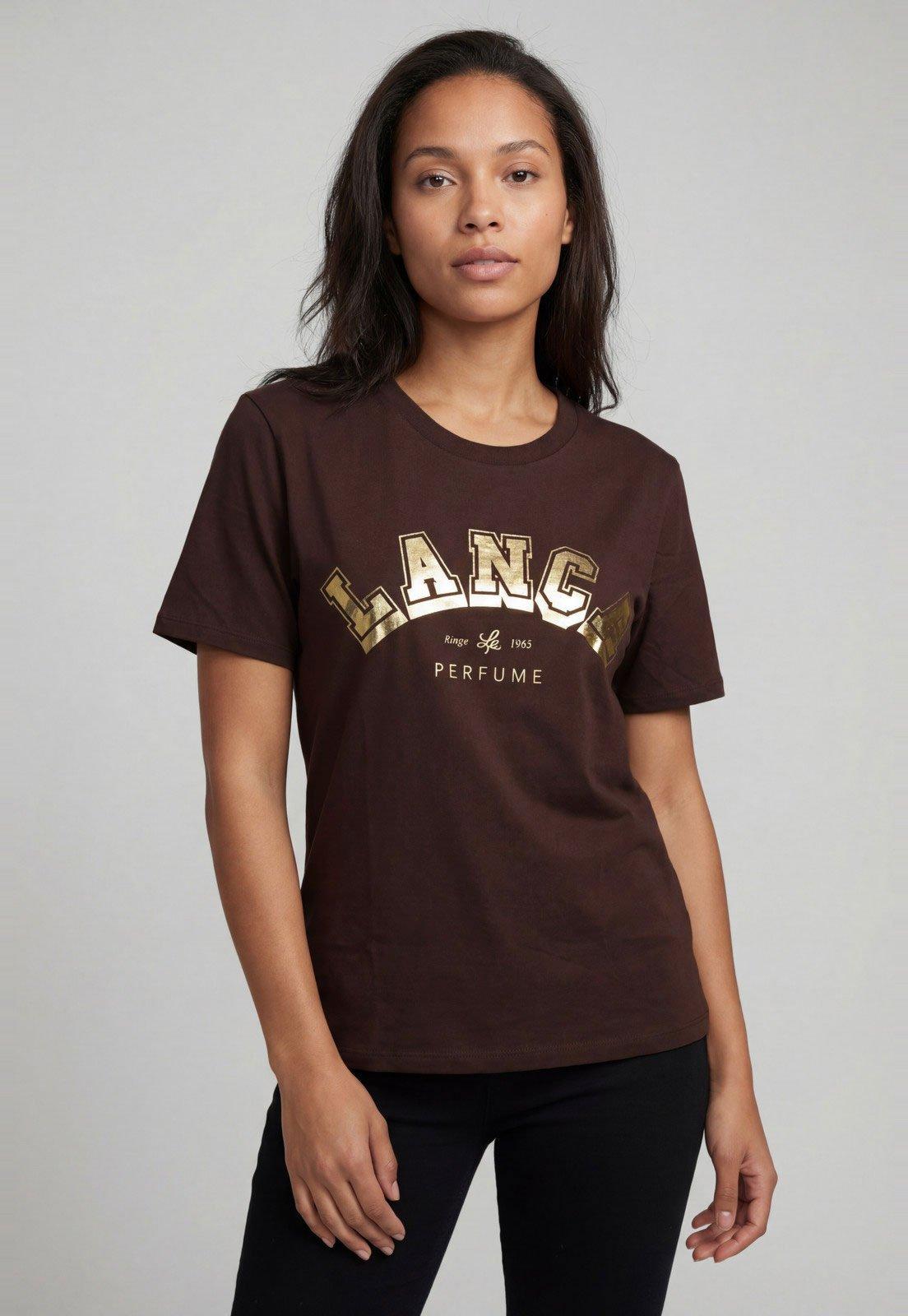 Camiseta Feminina Lança Perfume Estampa Metalizada Marrom