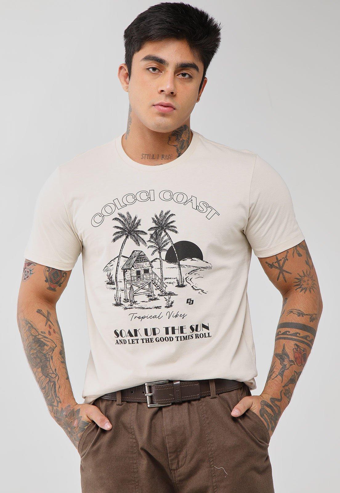 Camiseta Masculina Colcci Estampa Tropical Creme