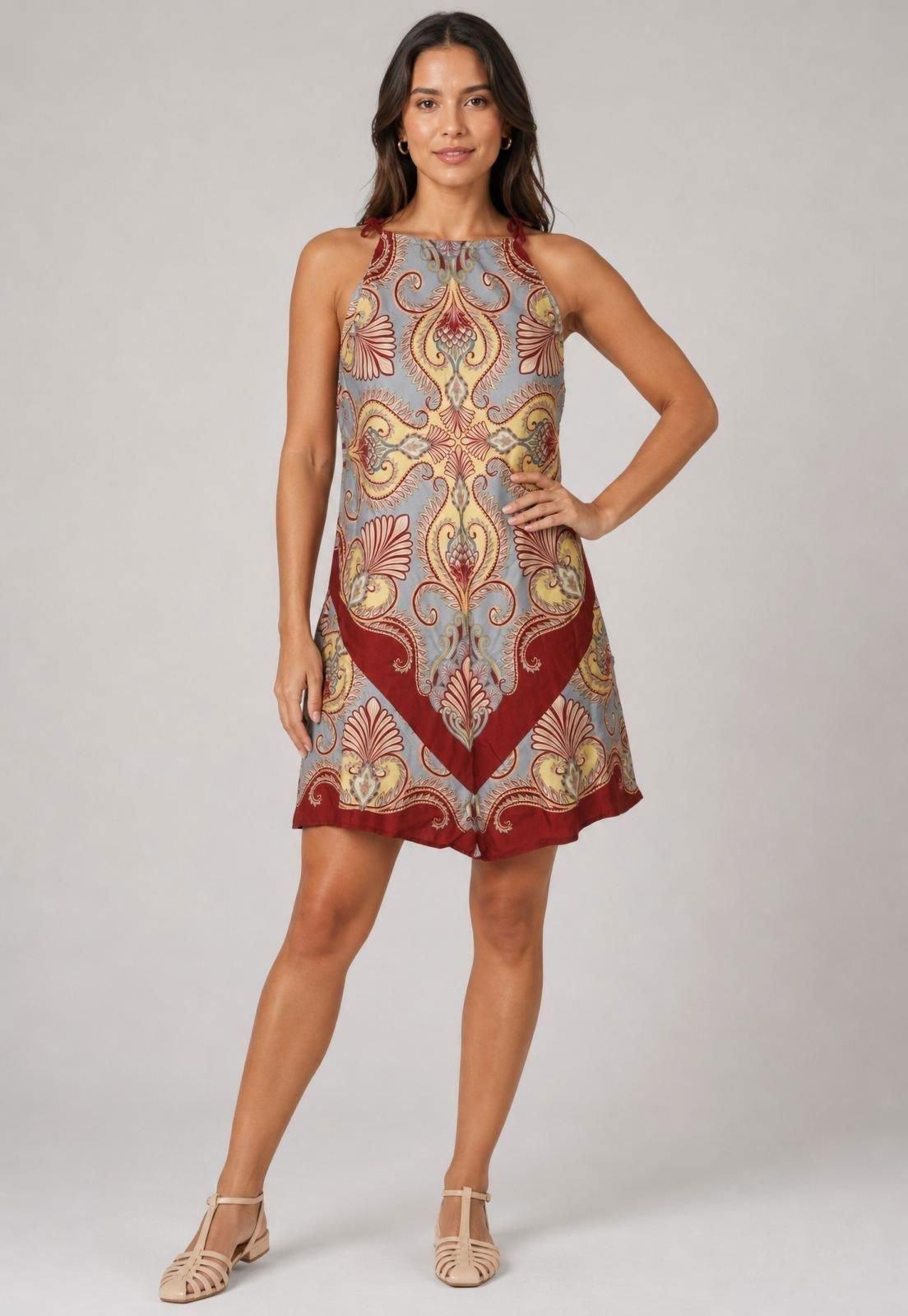 Vestido Feminino FARM Alças Finas Estampado Azul