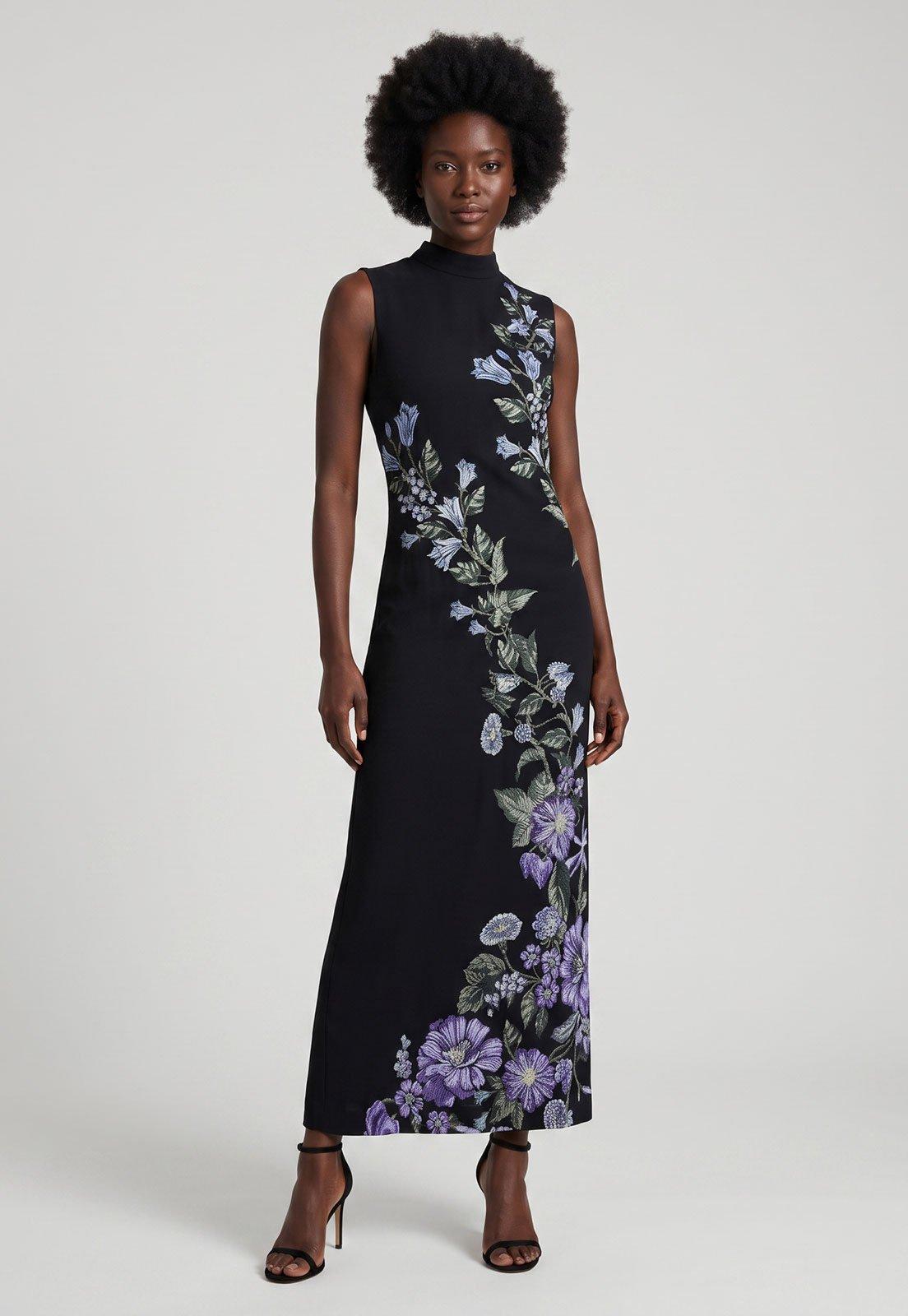 Vestido FARM Longo Estampa Floral Preto