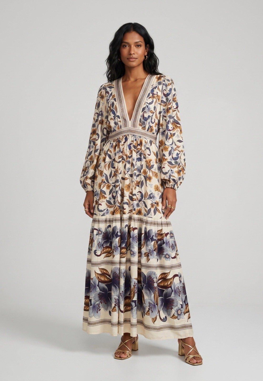 Vestido Feminino FARM Longo Estampado Off-White