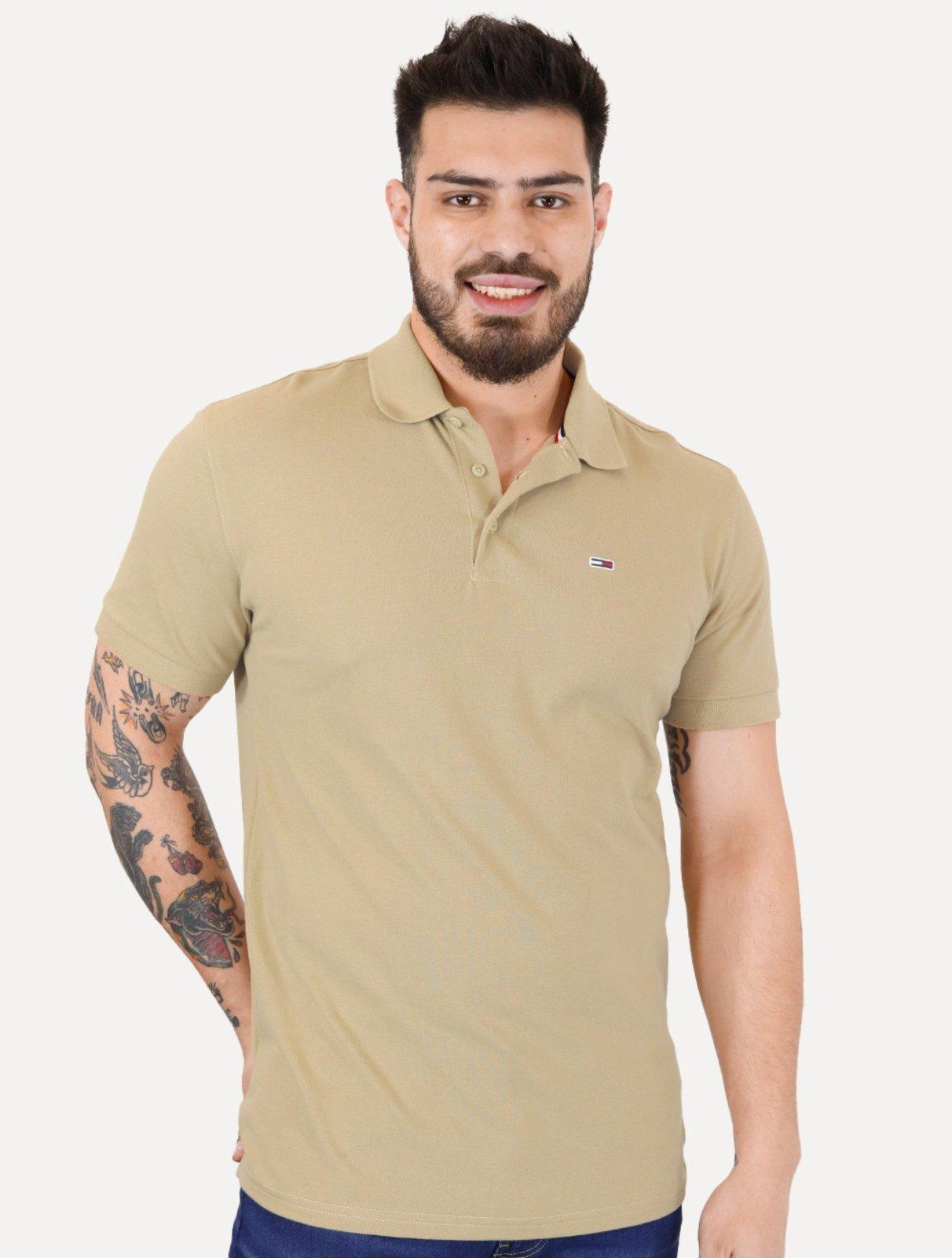 Polo Tommy Hilfiger Masculina Piquet Regular Placket Marrom Claro