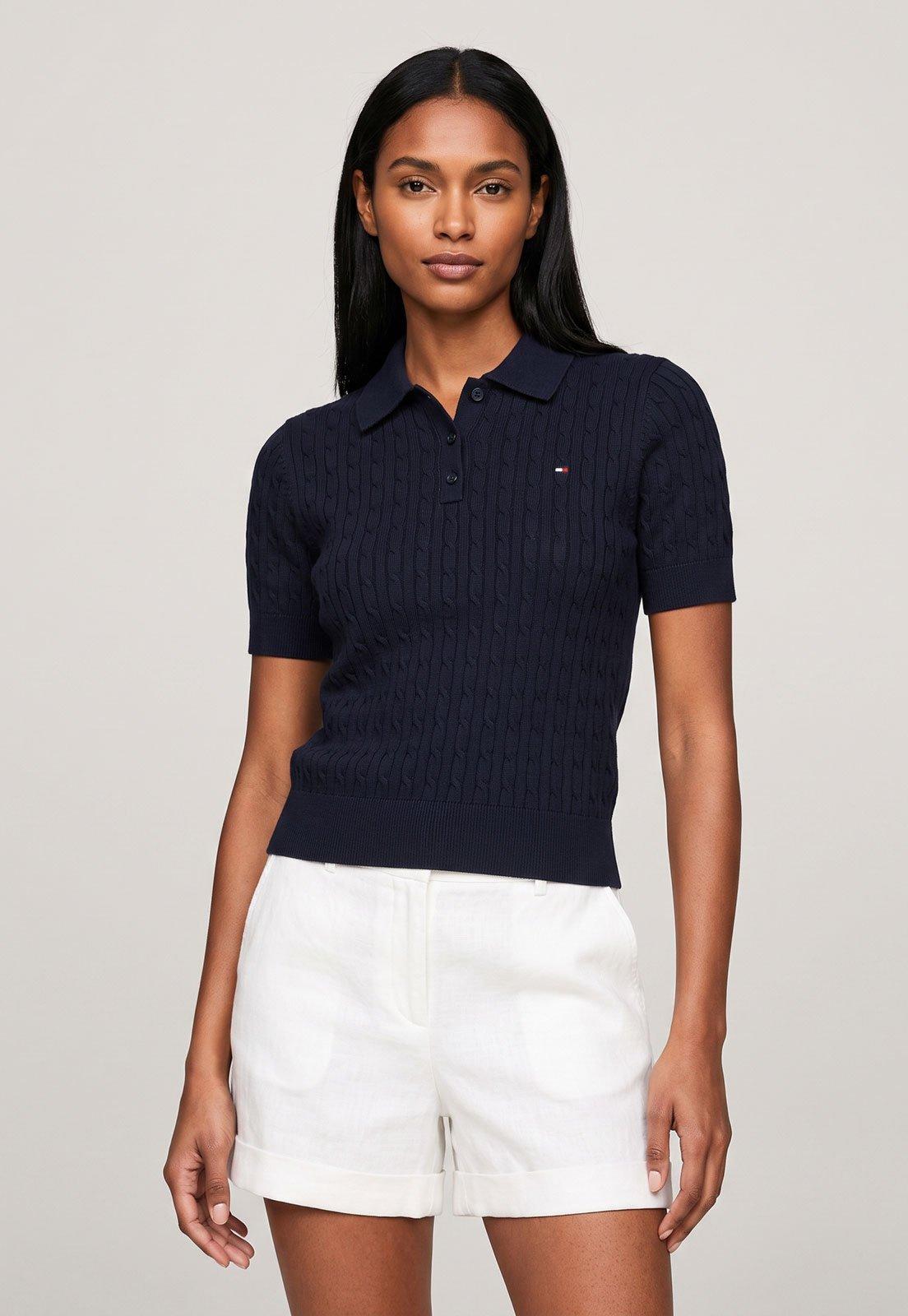Camisa Polo Feminina Tommy Hilfiger Tricot Azul Marinho