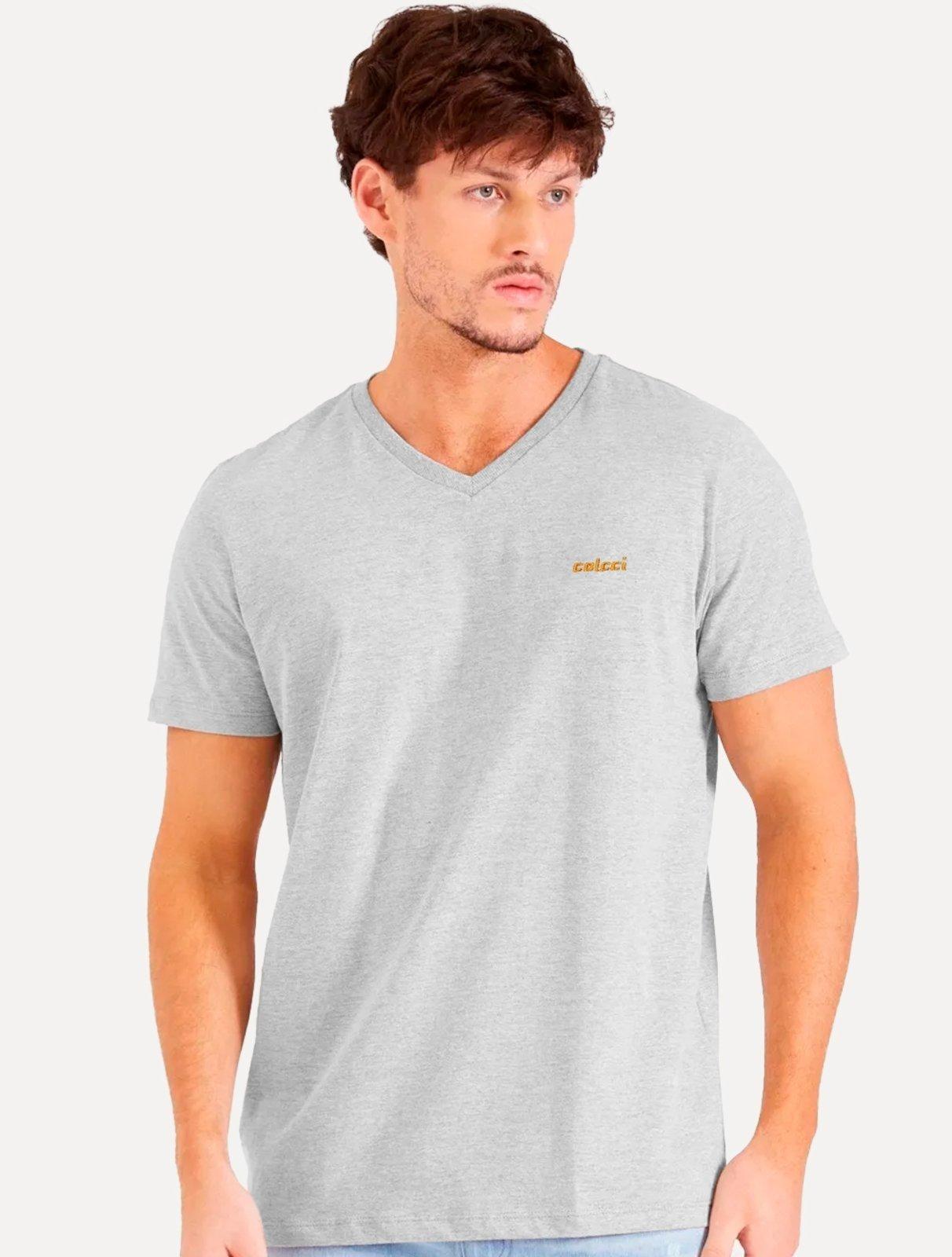 Camiseta Colcci Masculina V-Neck Logo Minimalista Cinza Mescla