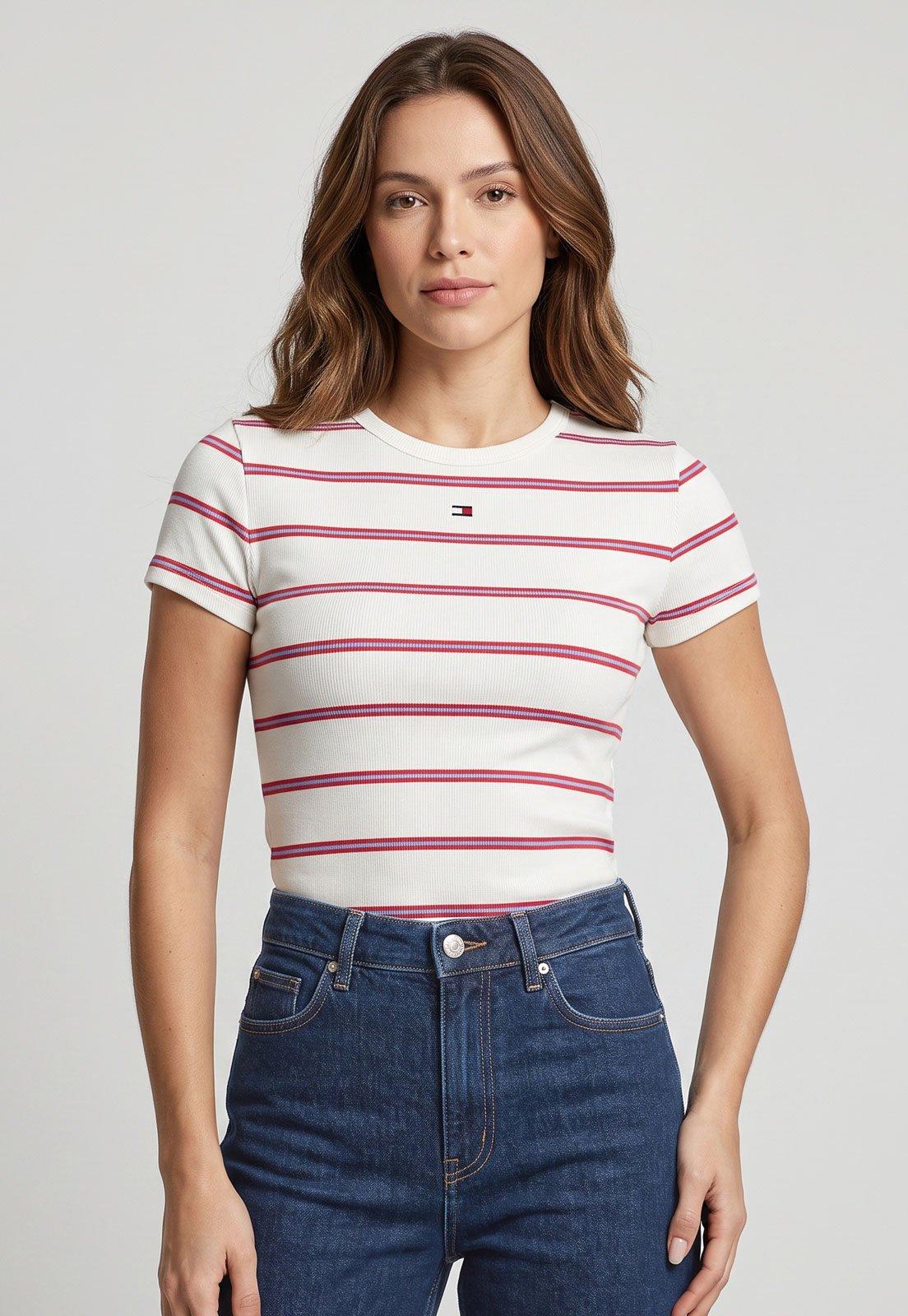 Camiseta Feminina Tommy Jeans Listrada Off White