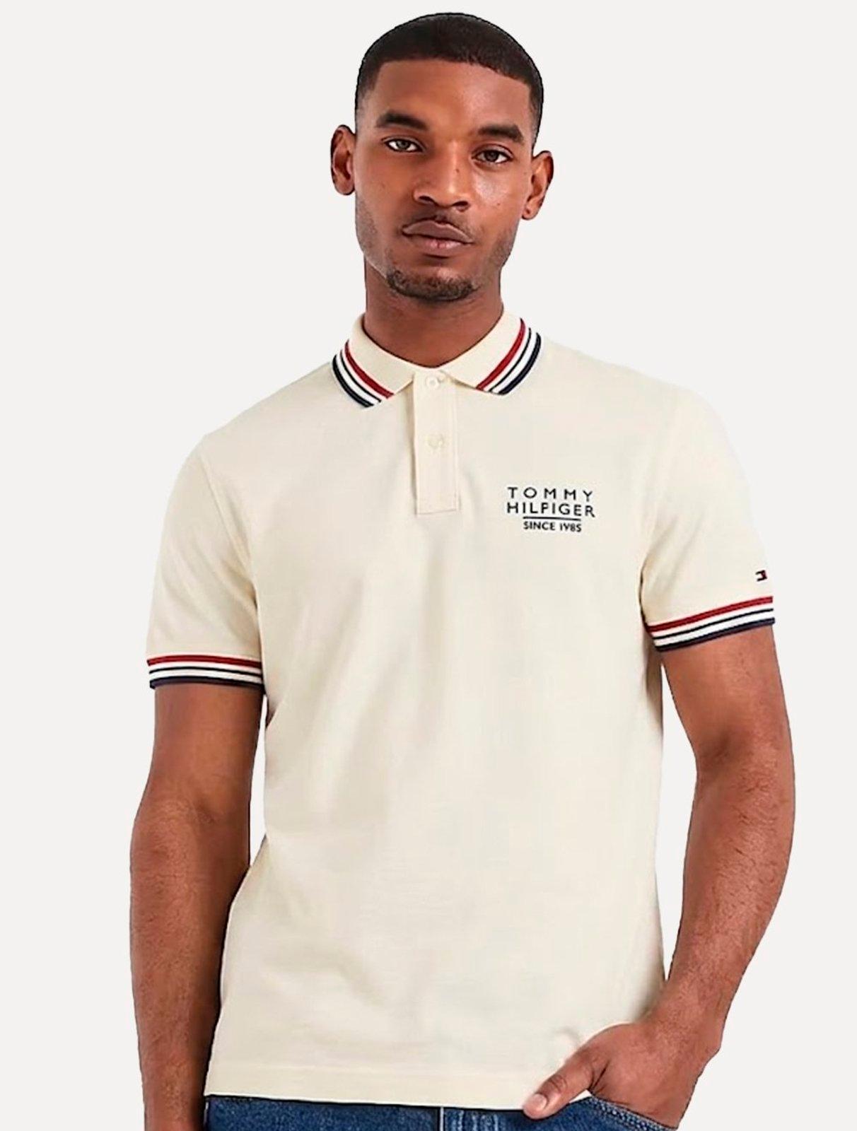 Polo Tommy Hilfiger Masculina Regular Stripe Collar Cuff Detail Off White