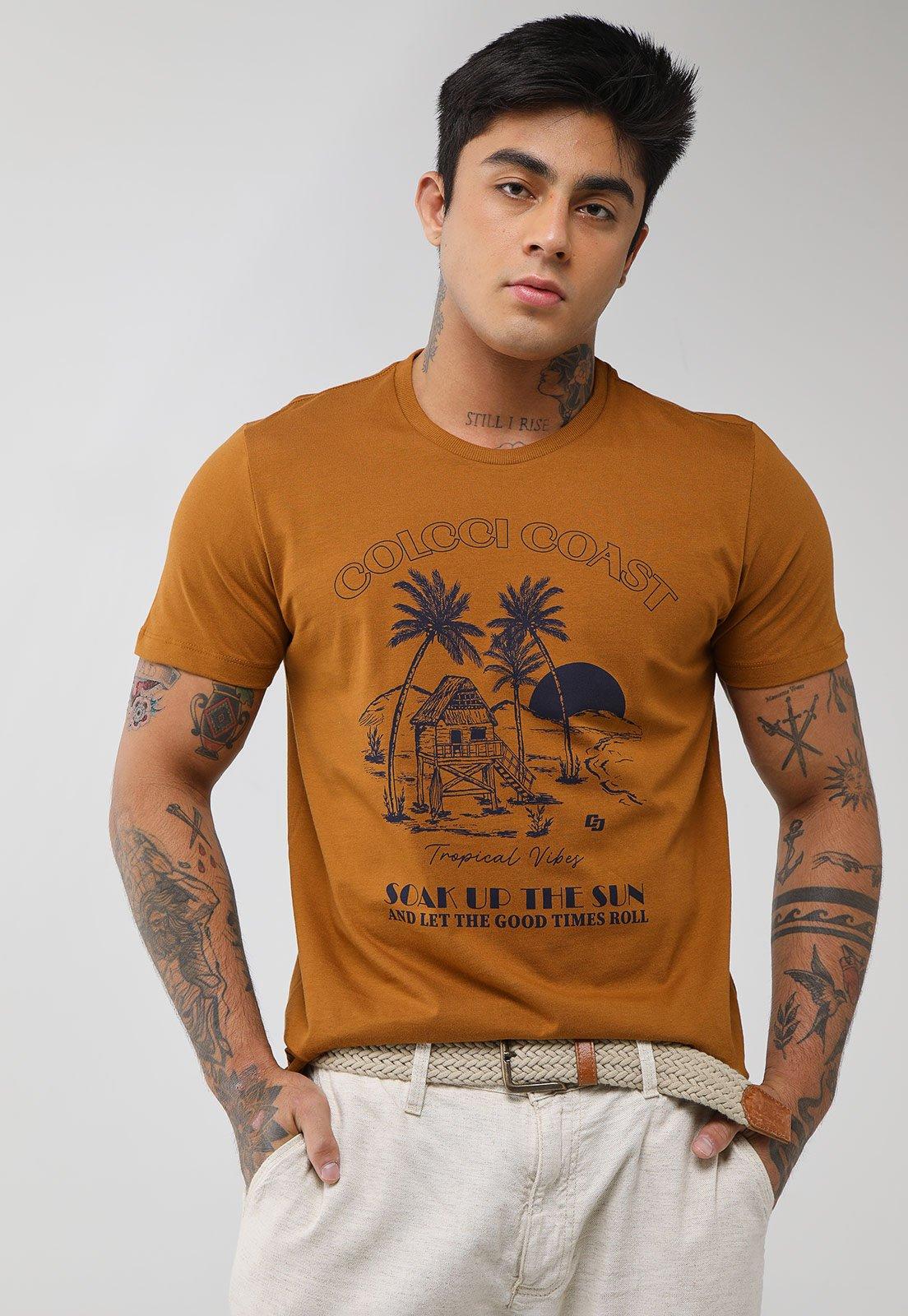 Camiseta Masculina Colcci Estampa Tropical Caramelo