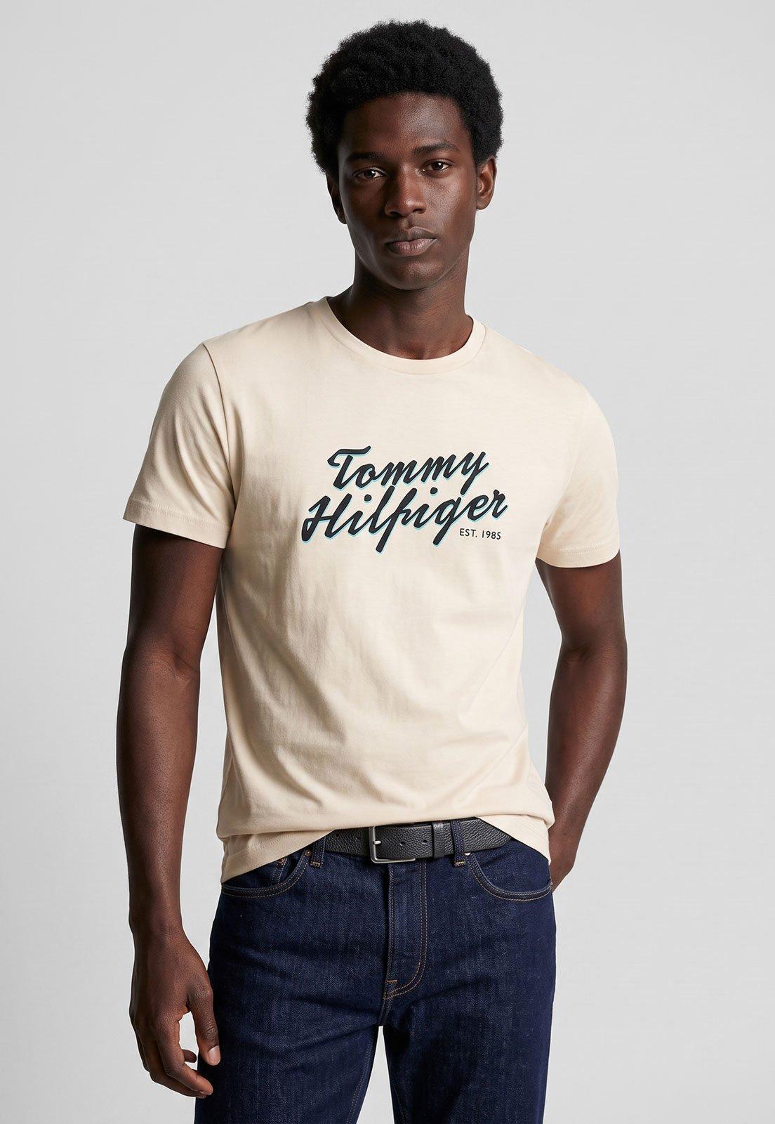 Camiseta Masculina Tommy Hilfiger Logo Algodão Off-White