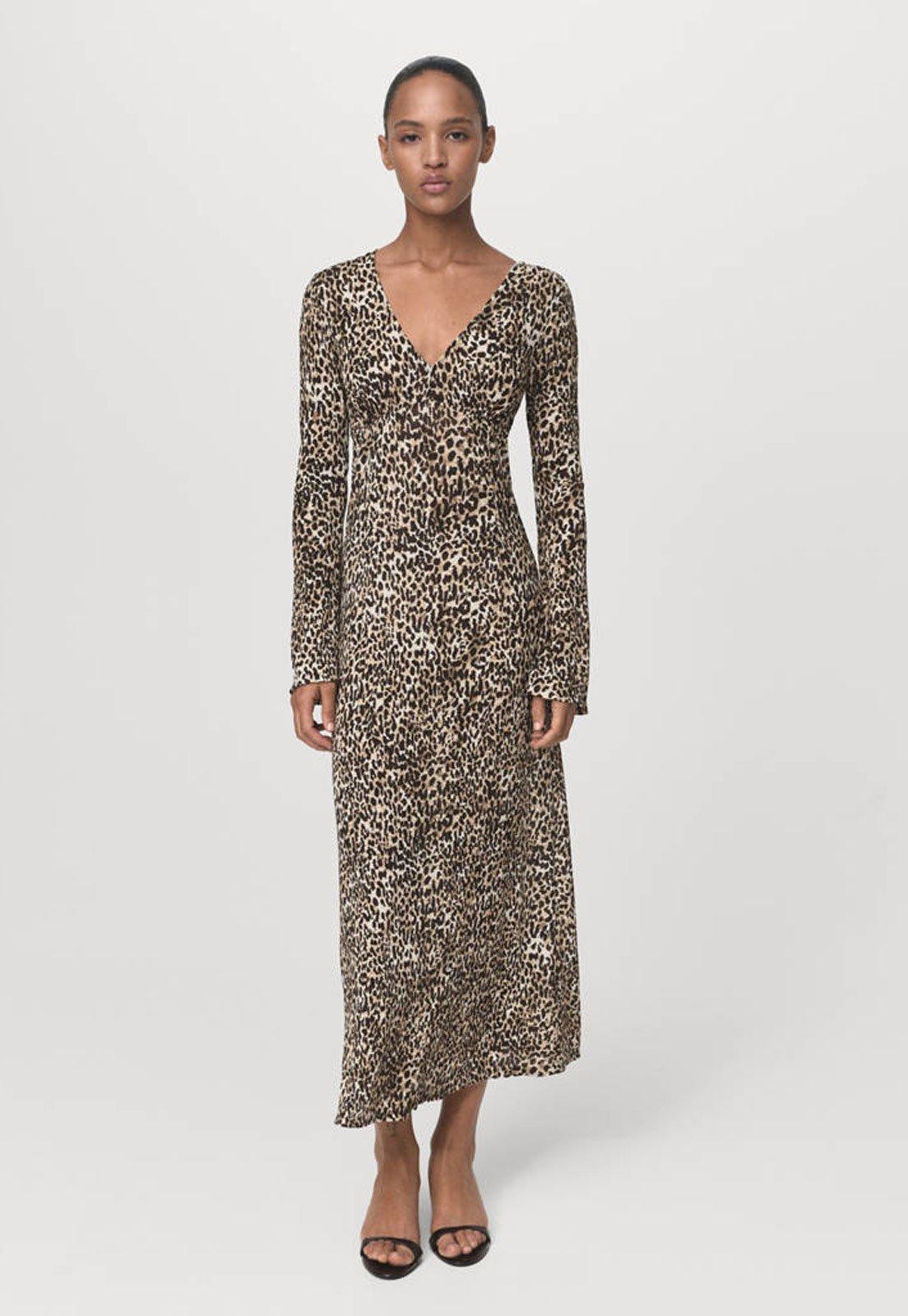 Vestido Feminino Mango Longo Animal Print Bege