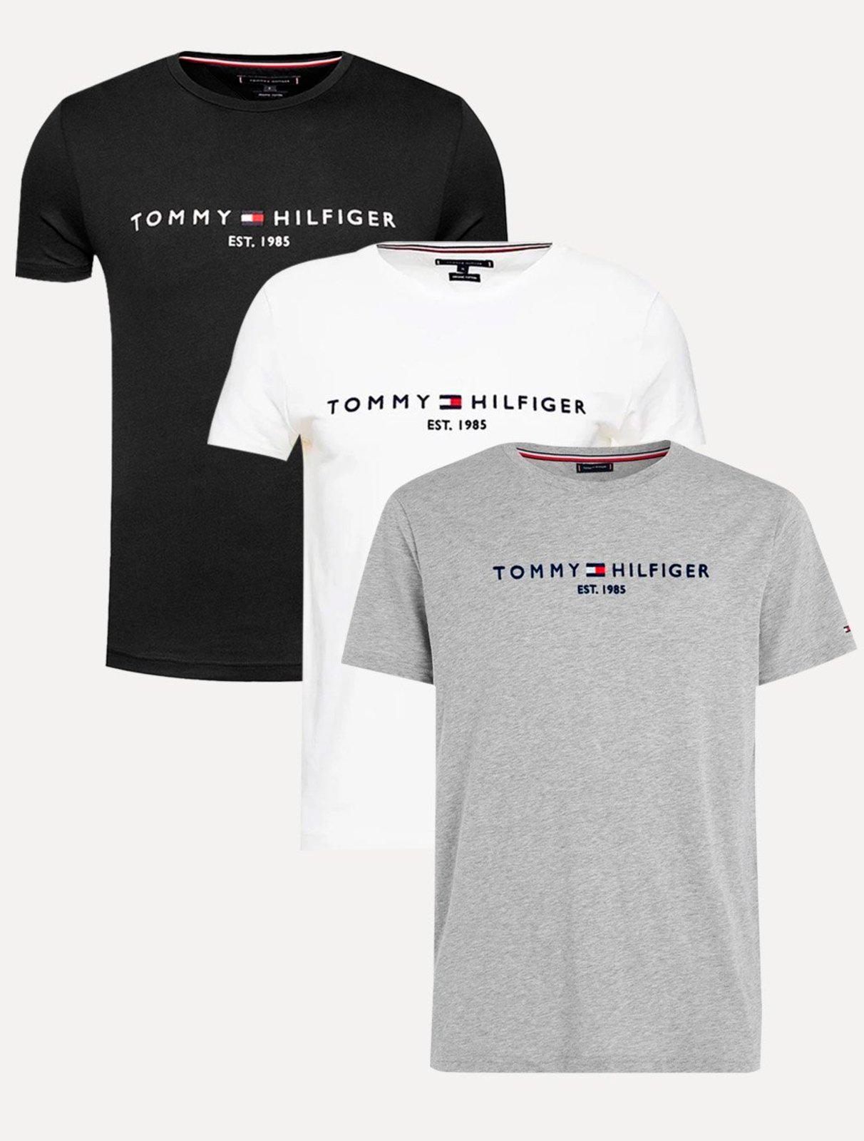 Kit Camisetas Tommy Hilfiger | Masculina Core Logo Tee Preta/Branca/Cinza