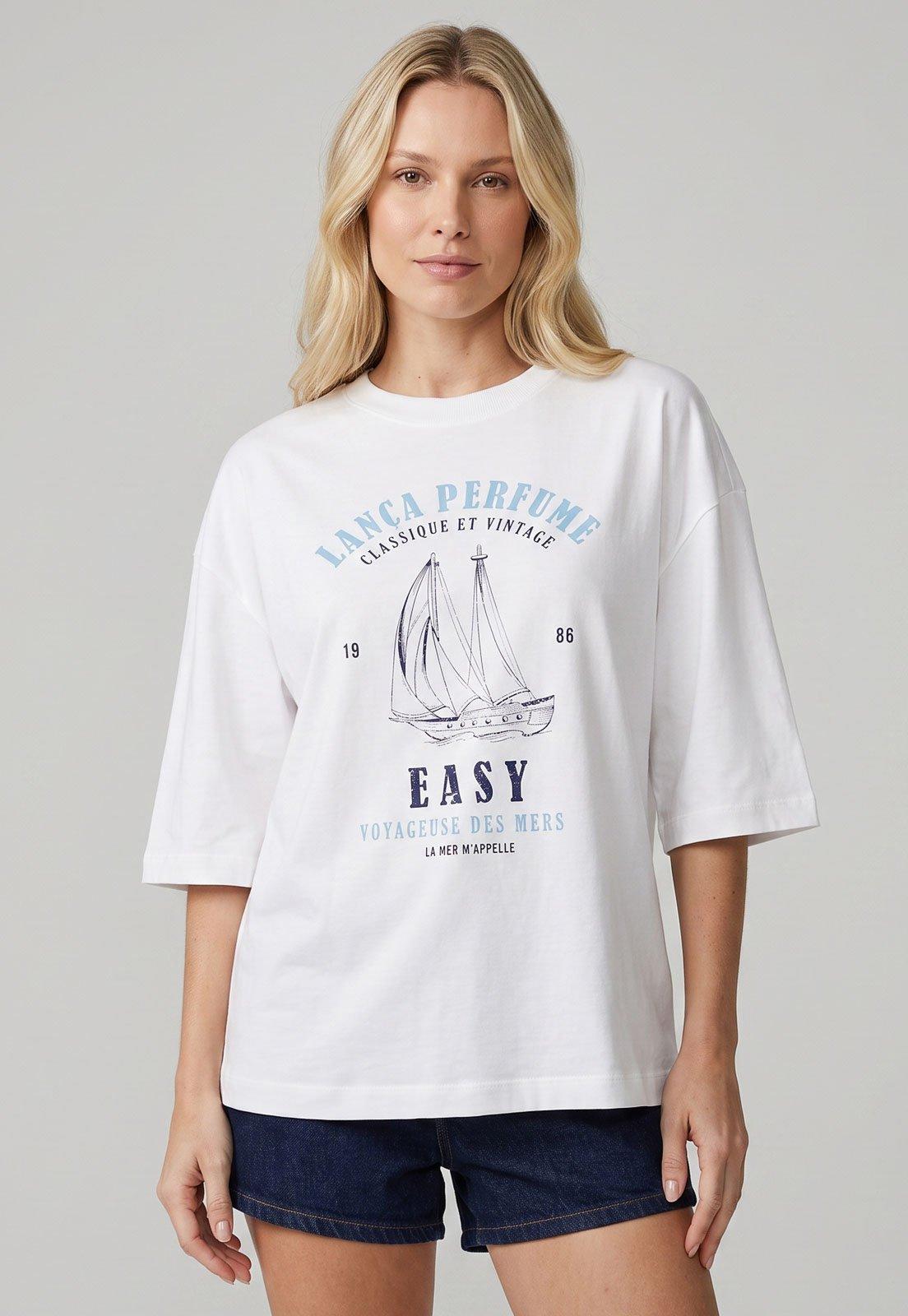 Camiseta Feminina Lança Perfume Estampa Náutica Branca