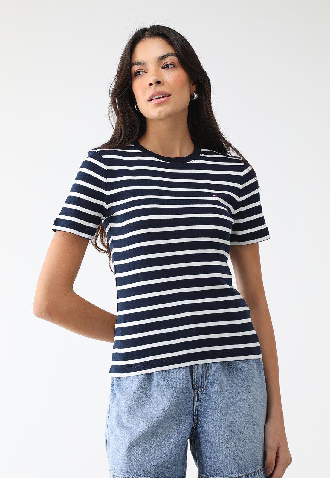 Camiseta Tommy Hilfiger Slim Listrada Azul-Marinho
