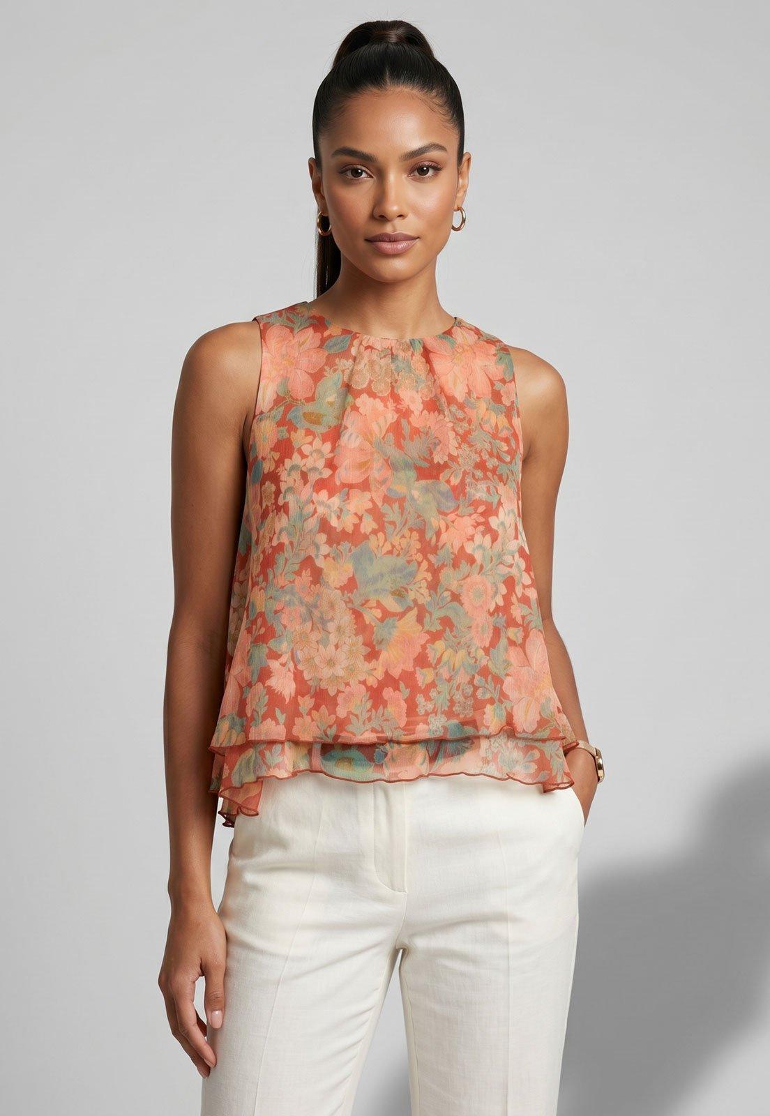 Blusa Feminina Mango Estampa Floral Laranja