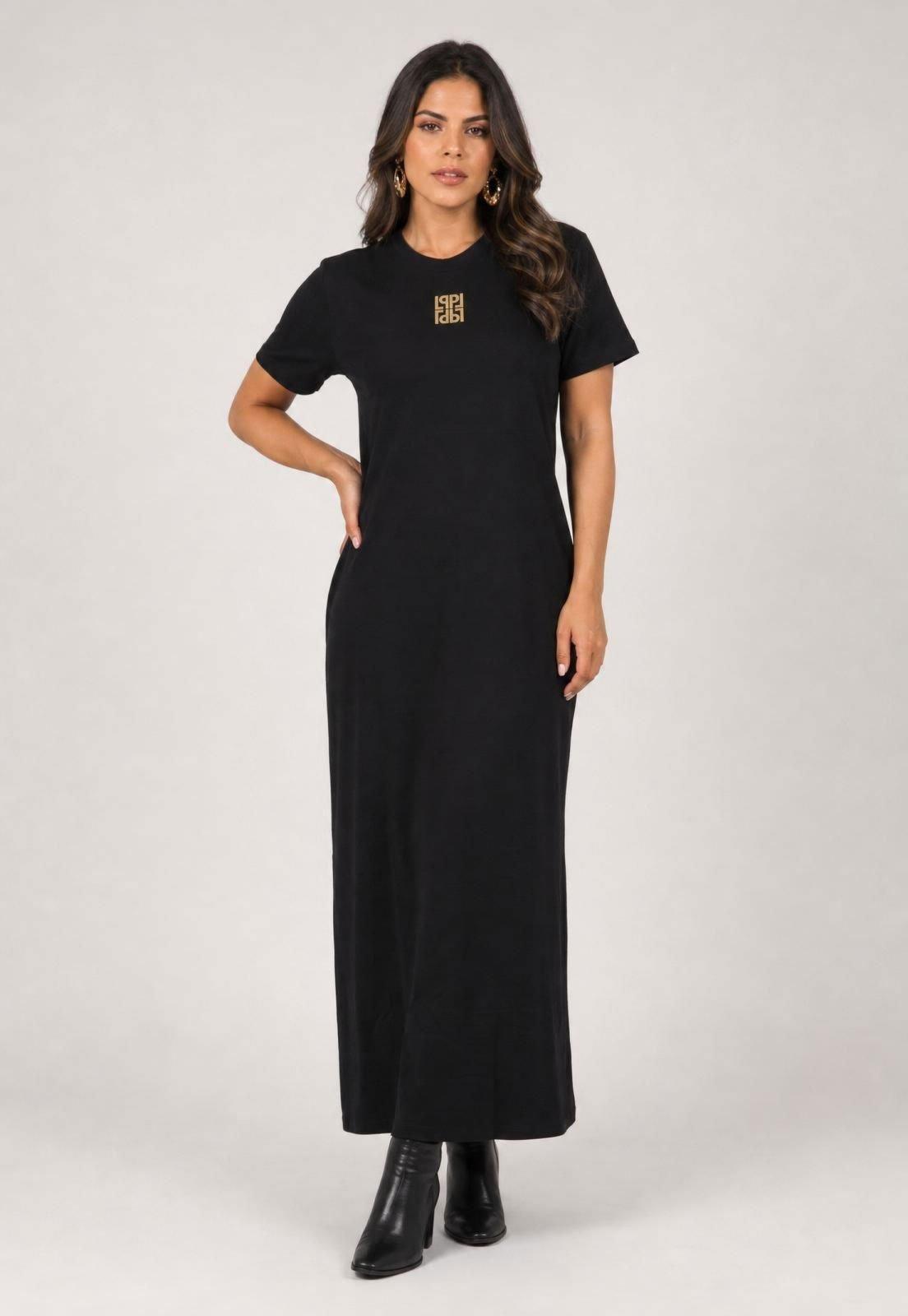 Vestido Feminino Lança Perfume Longo Manga Curta Preto