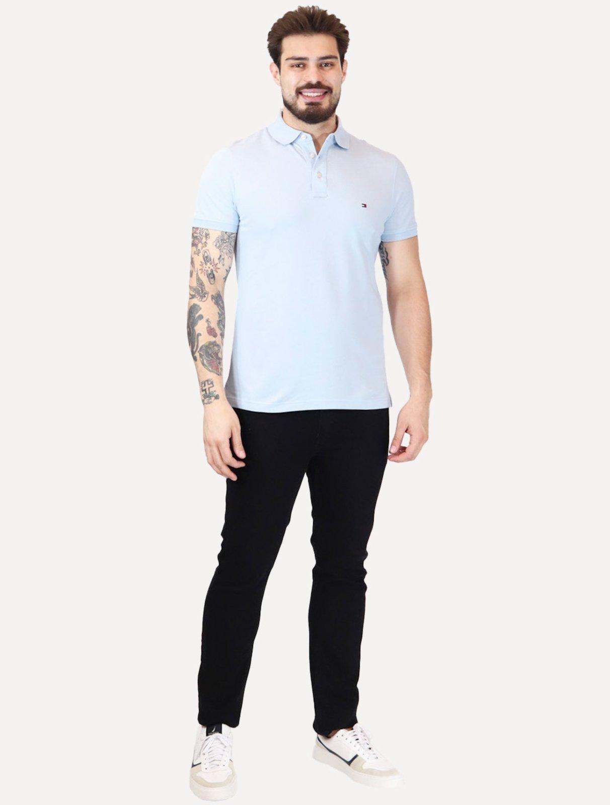 Polo Tommy Hilfiger Masculina Slim Piquet 1985 Azul Céu