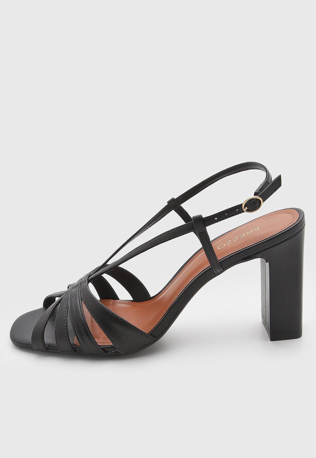 Sandália Feminina Arezzo Salto Bloco Couro Preto