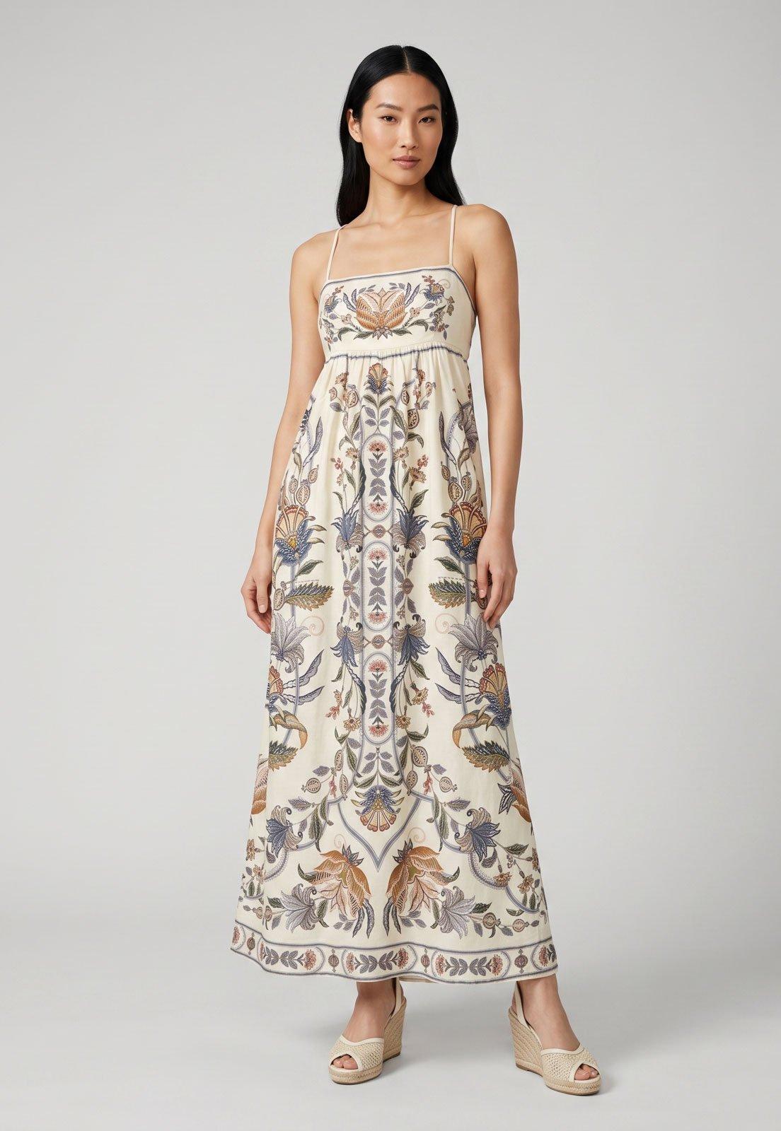 Vestido Feminino FARM Longo Alças Finas Floral Bege
