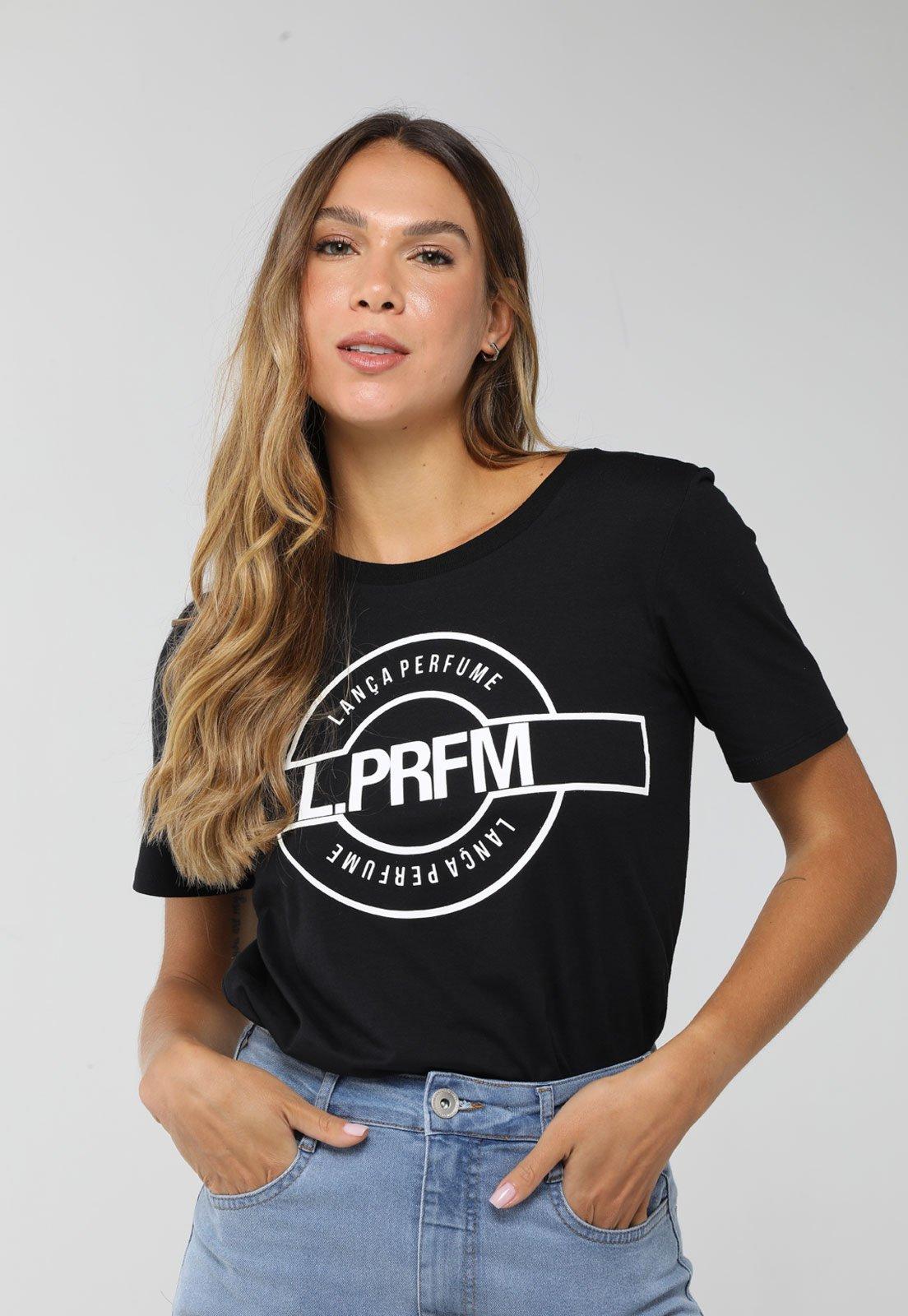 Camiseta Feminina Lança Perfume Estampa Frontal Preta